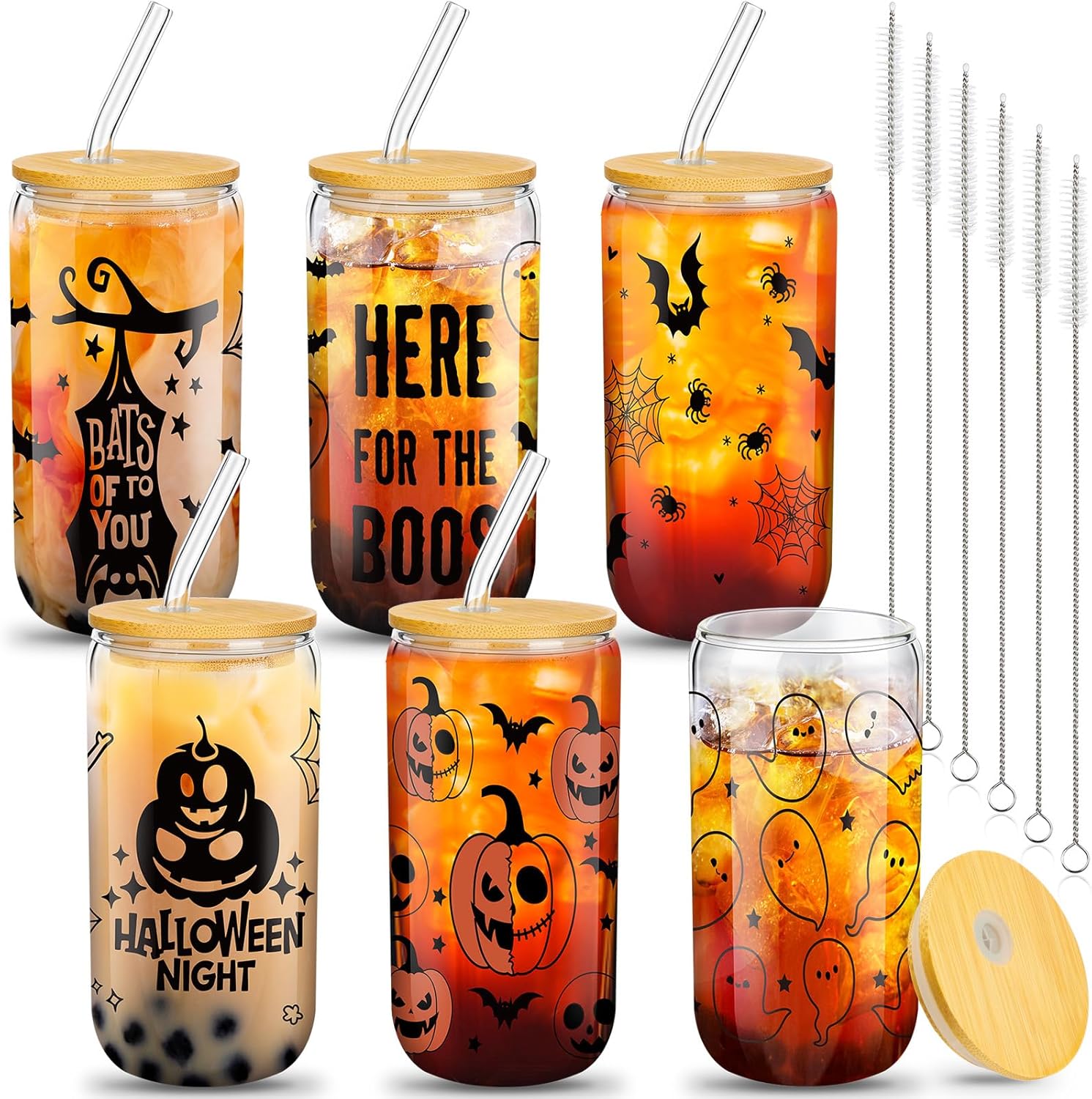 meekoo 6 Pcs Halloween Glass Cups 16 oz Iced Coffee Cups Pumpkins Bat Ghost Beer Tumblers with Lids and Straws Spooky Mug Mason Jar Glass for Halloween Party(Cute)