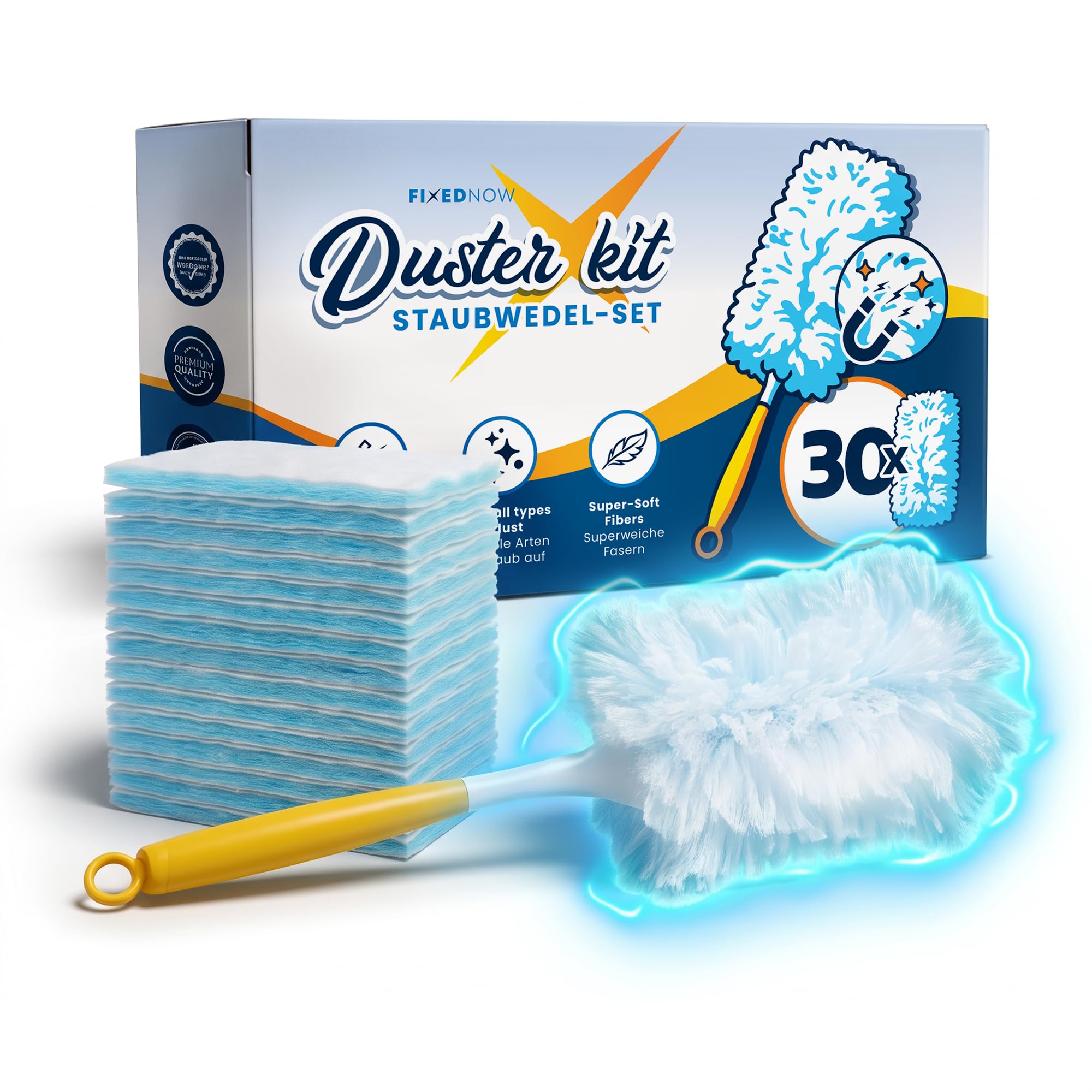 FixedNow 30er XXL Staubmagnet Nachfüllpack kompatibel mit Swiffer Duster | Staubwedel Tücher Starterset Kit inkl. Stab & Griff