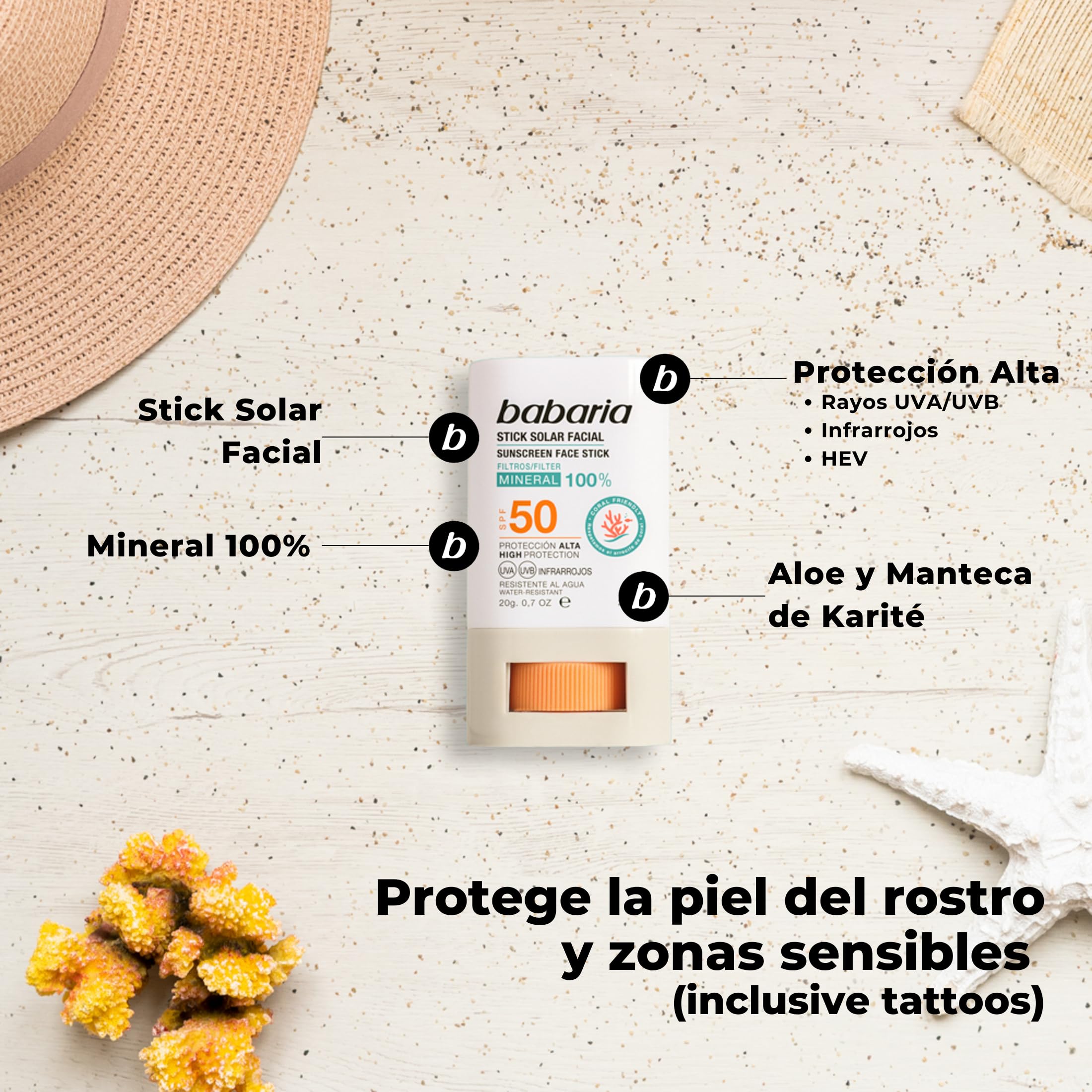 Babaria - Stick Solar Facial 50 |Protección Alta Con Aloe Y Manteca De Karité |Coral Friendly Y Biodegradable | Resistente Al Agua Y Al Sudor | Vegano | Stick Solar Niños,20g, El embalaje puede variar — view 3