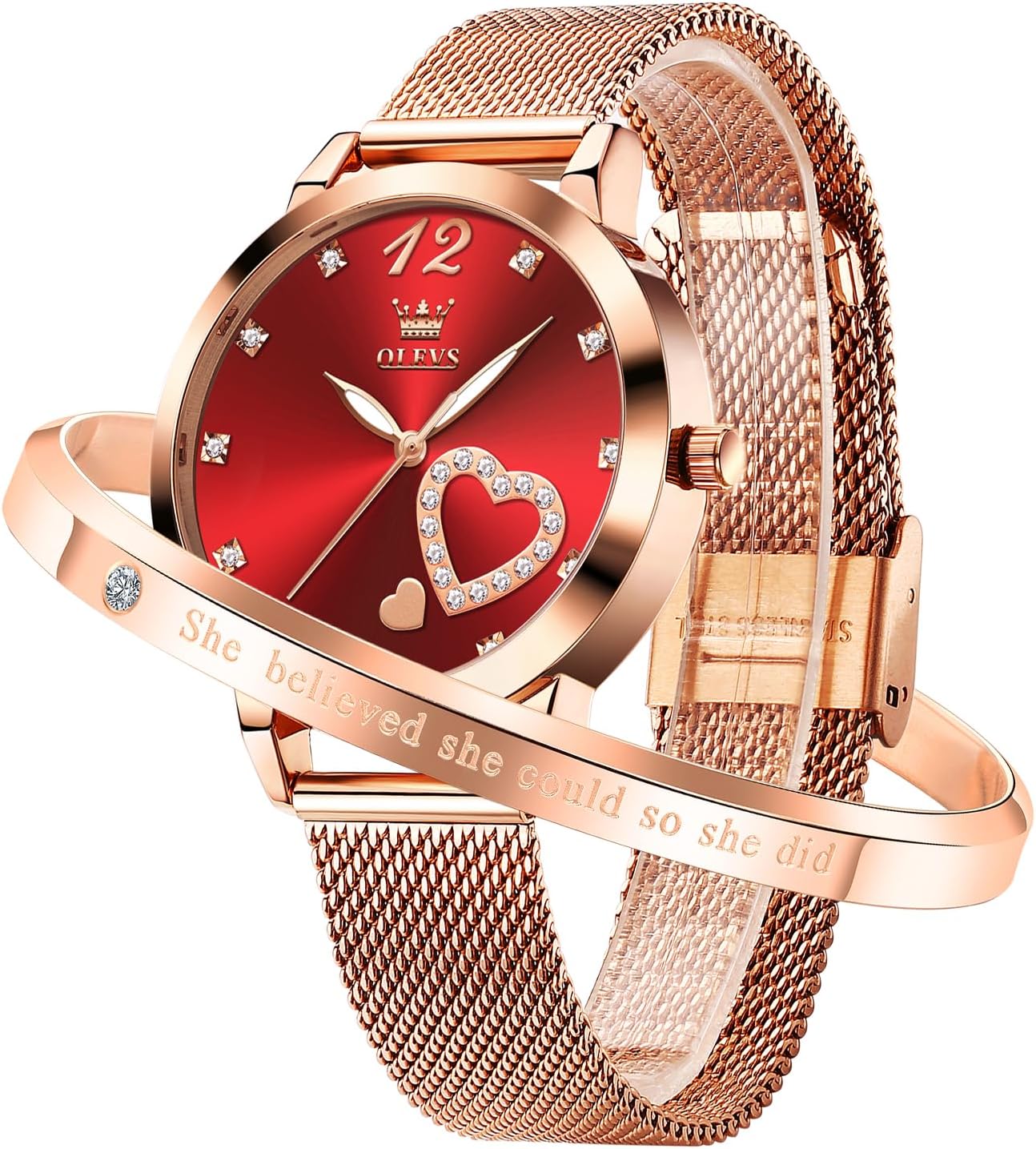 OLEVS Rose Gold Watch for Women Mesh Strap Fashion Dress Hearts Japanese Quartz Waterproof Luminous Ladies Watches Bracelet Sets