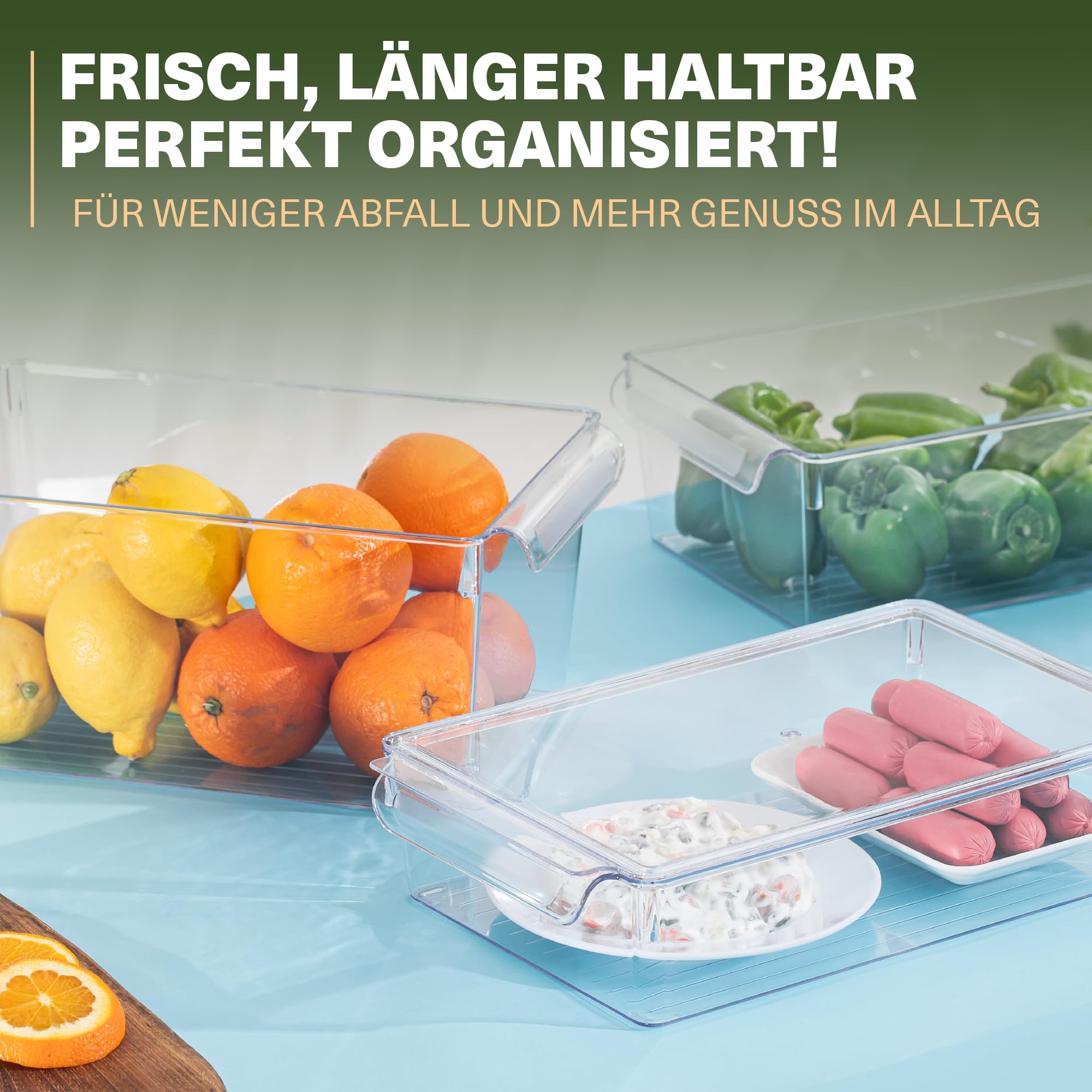 Viwares Organizador para frigorífico con tapa, juego de 3 unidades, almacenamiento transparente para embutidos, frutas y verduras, recipiente de almacenamiento para conservar la frescura, 20 x 32,5 x