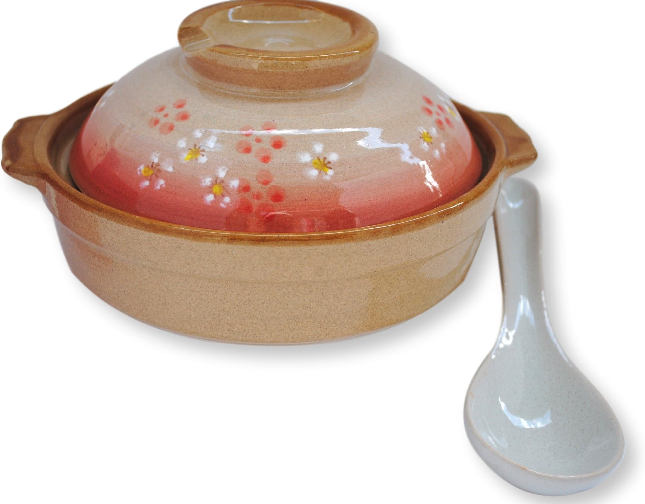 Donabe 6.69" Japanese Hot Pot for 1 Person. With 1 Ceramic Spoon Sakura Blossam_ R