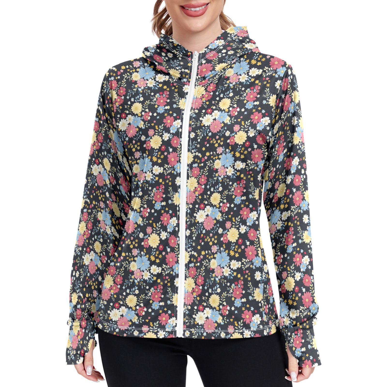 Colorful Florals Women Sun Protection Lightweight Hoodie Jacket Zip Up Jackets for Women UPF 50+ Clothing for Hiking Golf Running L Black