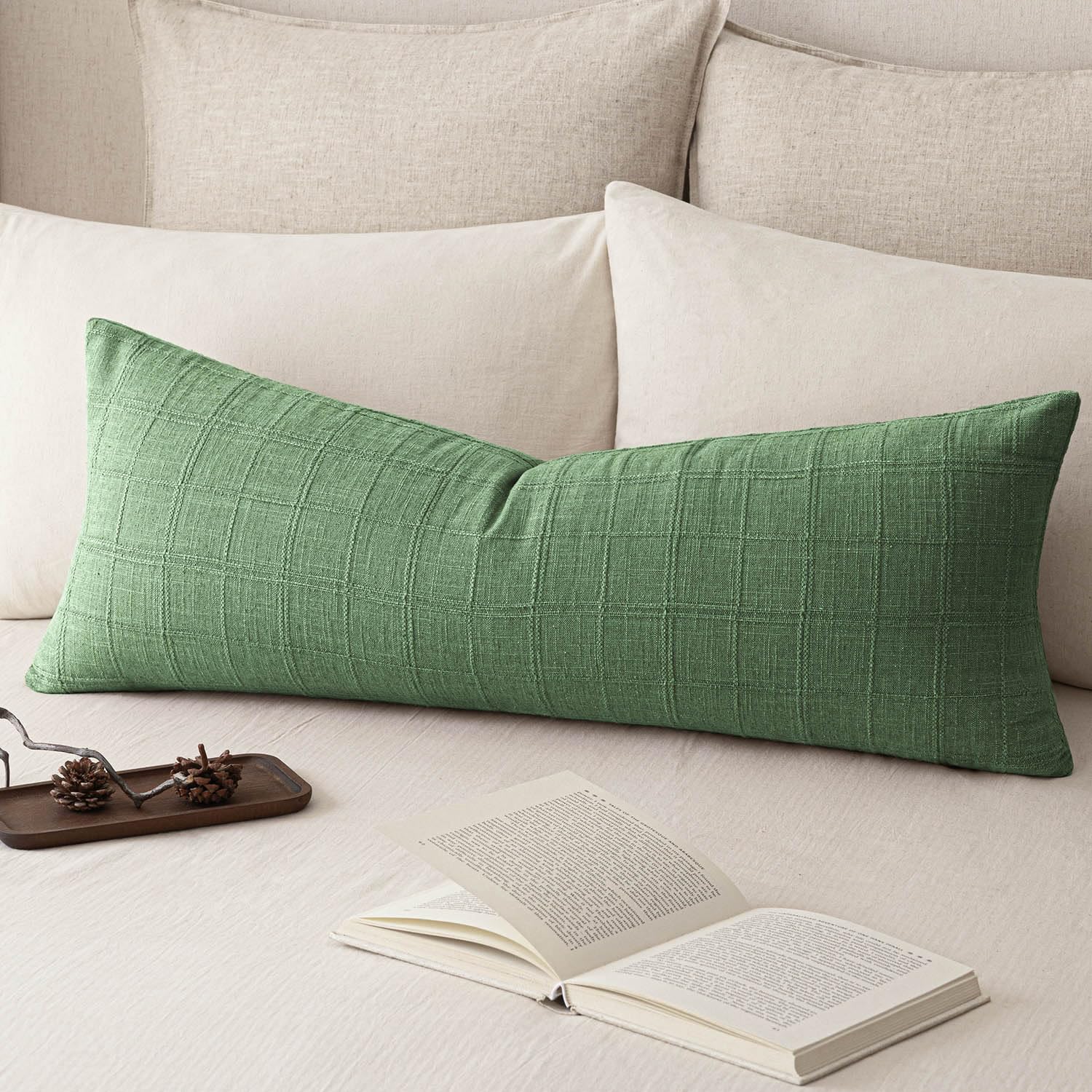 Foindtower Set of 1 Decorative Linen Check Throw Pillow Cover Neutral Long Body Lumbar Cushion Cover Farmhouse Vintage Home Decor for Sofa Chair Couch Bedroom Living Room,14×36 Inch,Forest Green