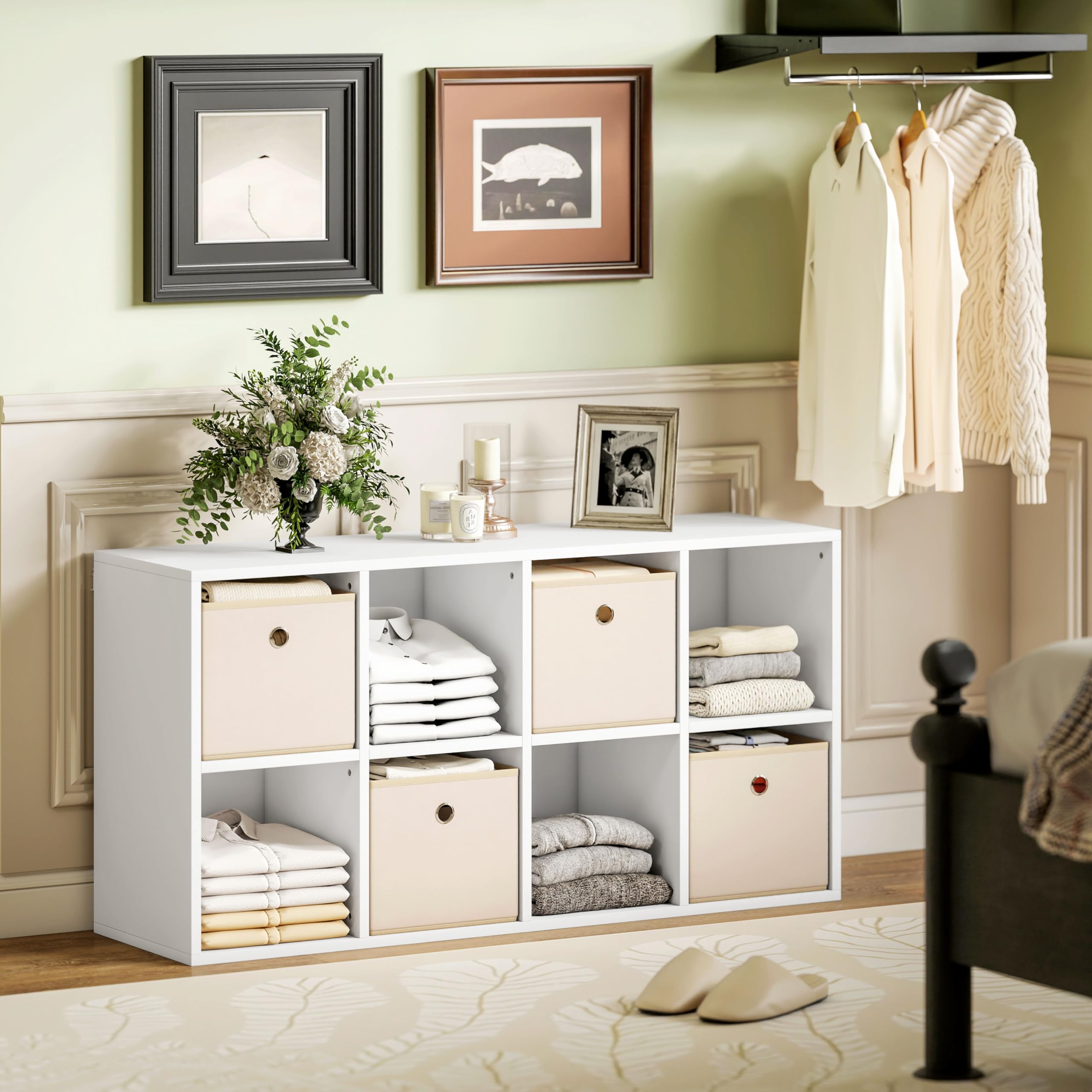 HOMCOM Estantería de 8 Cubos 4 Cajones Tela 105,9x30x53,7 cm Blanco y Beige | Librería, Estantería para Libros, Horizontal o Vertical, para Salón, Dormitorio, Estudio