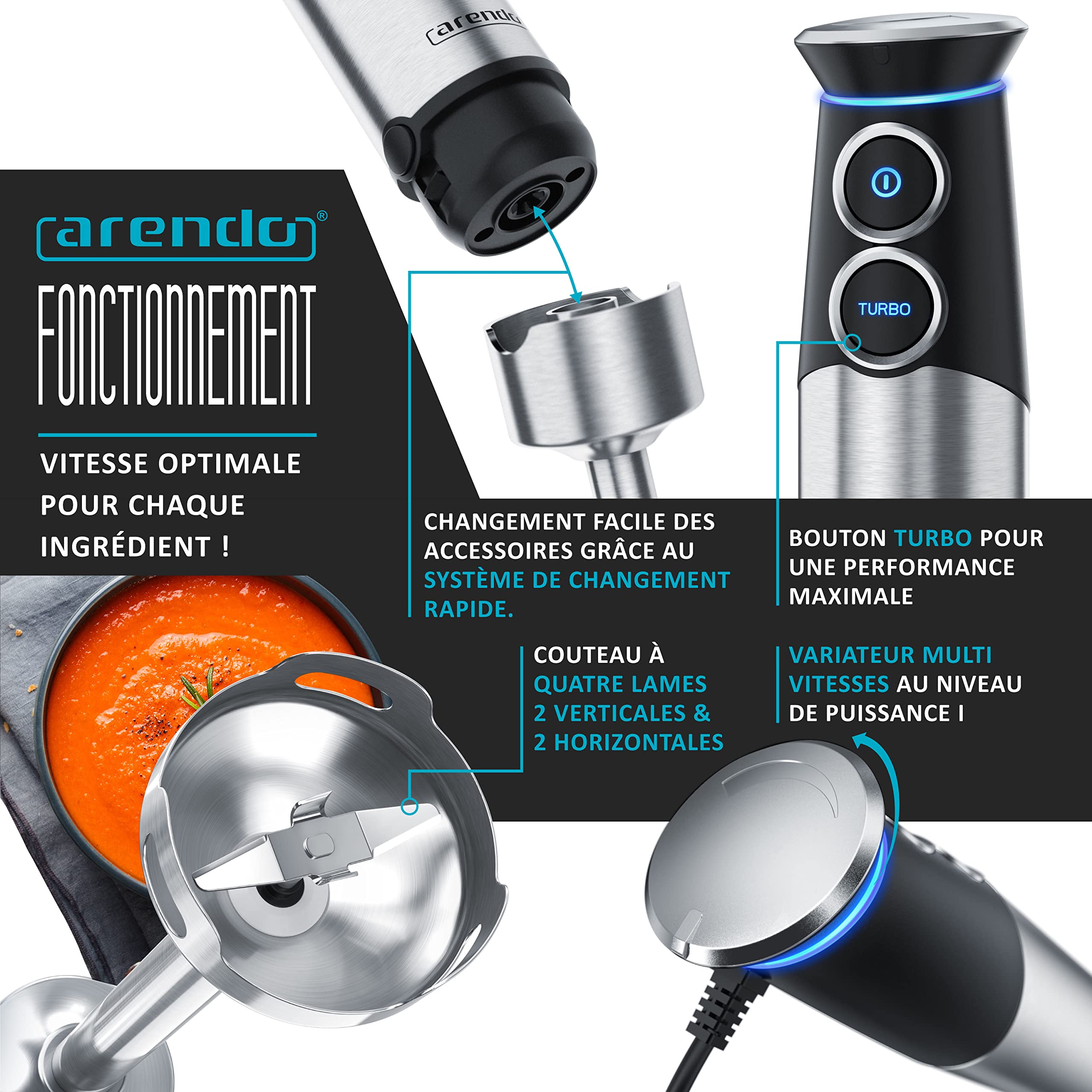 Arendo - Mixeur plongeant 1500 W inox, Mixeur à main, Presse-purée, Batteur manuel, Multi vitesses, Bouton turbo, Couteau à 4 lames, Verre doseur 800 ml, Hachoir 500 ml, Fouet, Pied de mixeur amovible