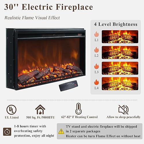 Miniatura 5 de JXQTLINGMU Soporte de TV con chimenea de granja para TV de 75,80 pulgadas, centro de entretenimiento de 32 pulgadas de alto con 4 cajones y puerta