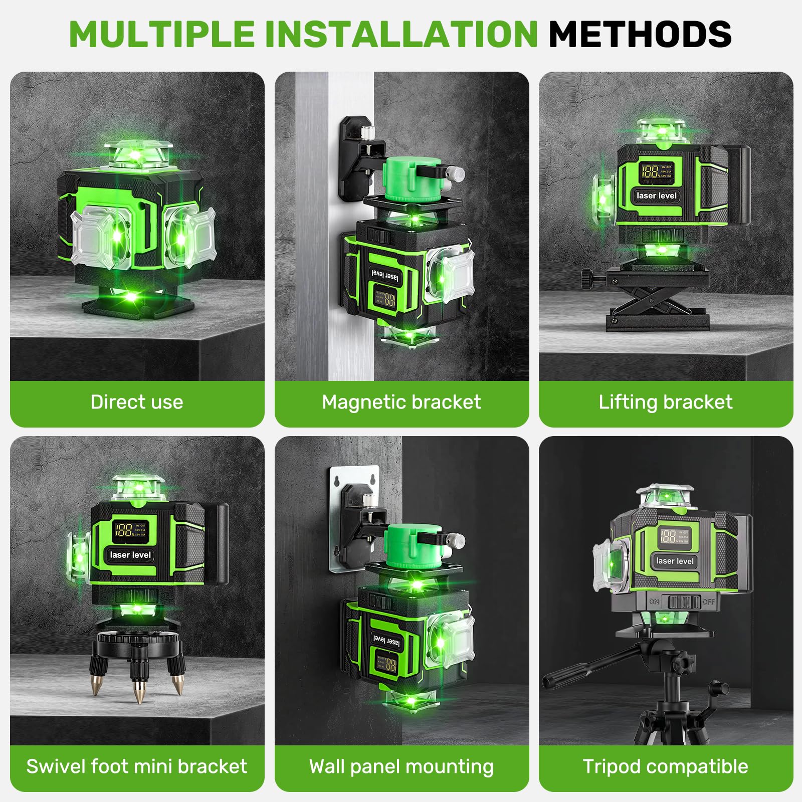 Nivel Láser Autonivelante 16 Líneas 4x360° Verde con 2 Baterías | Láser Autonivelante Profesional con Control Remoto, Modo Manual y Automático, Nivel Láser para Azulejos Techos y Pladur
