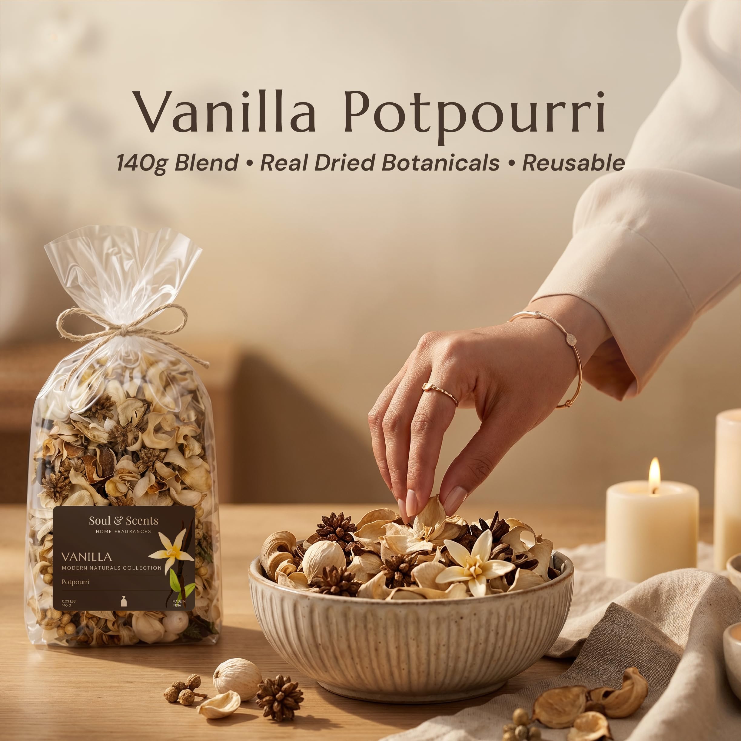Soul & Scents Vanilla Potpourri Pack of 2 | Dried Flowers | Fine-Living | Natural Decoration | Mood Enhancer | Perfect for Home Decor, Gifts, and Aromatherapy | Made in India | 140gm Each
