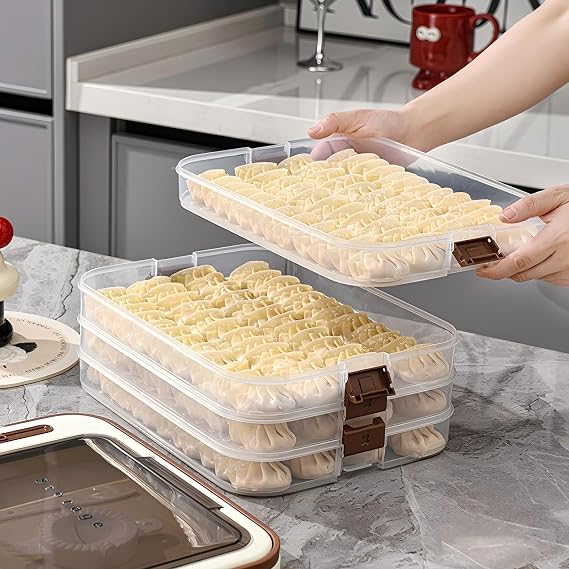4 Layers Dumplings Storage with Dumpling Maker & Spoon & Dumpling Wrapper Space, Box Organizer Stackable for Various Small Desserts & Cookies with Buckle, Lid & Handle for Fridge, White-Green