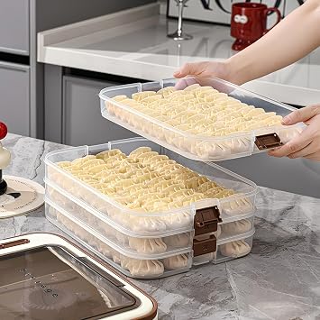4 Layers Dumplings Storage with Dumpling Maker & Spoon & Dumpling Wrapper Space, Box Organizer Stackable for Various Small Desserts & Cookies with Buckle, Lid & Handle for Fridge, White-Green