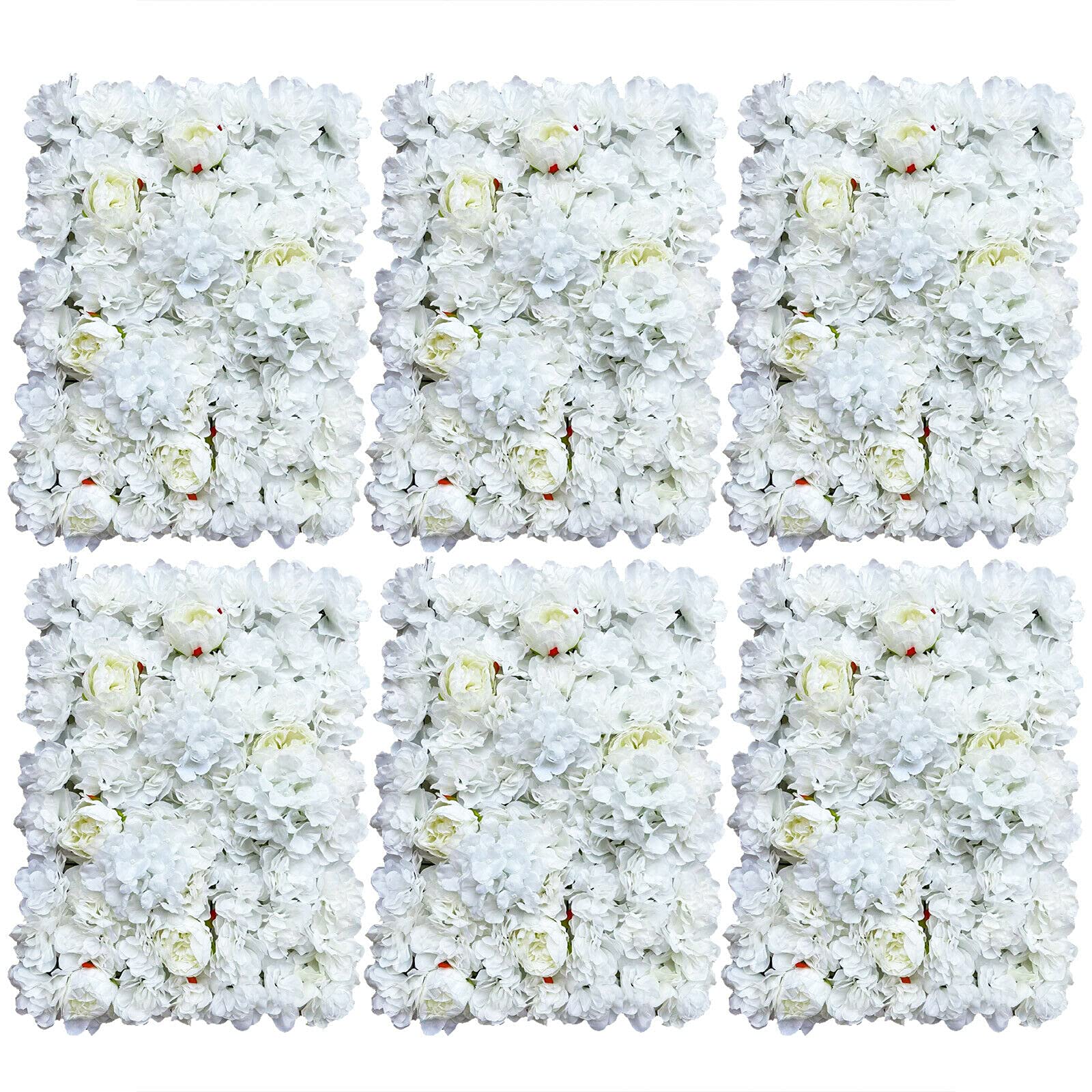 ROMYIX 6PCS Flower Panels Artificial Flowers Wall Screen Romantic Floral Backdrop Hedge Home Decor Wedding Party Background (6PCS White)