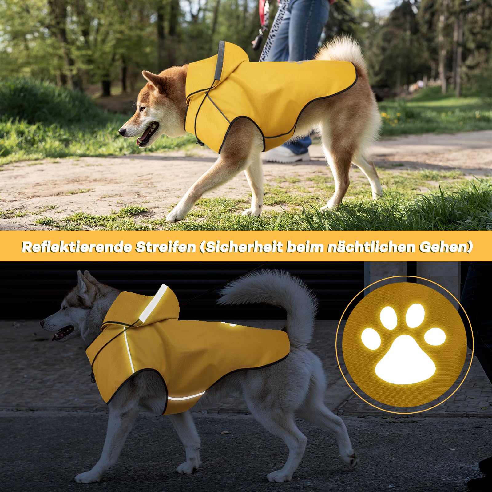 Impermeabile Cane Taglia Grande DQGHQME Regolabile Cappotto Impermeabile Cane con Cappuccio, Impermeabile per Cani, Antipioggia Cane con Nastro Riflettente e Foro per Colletto per Escursionismo- L