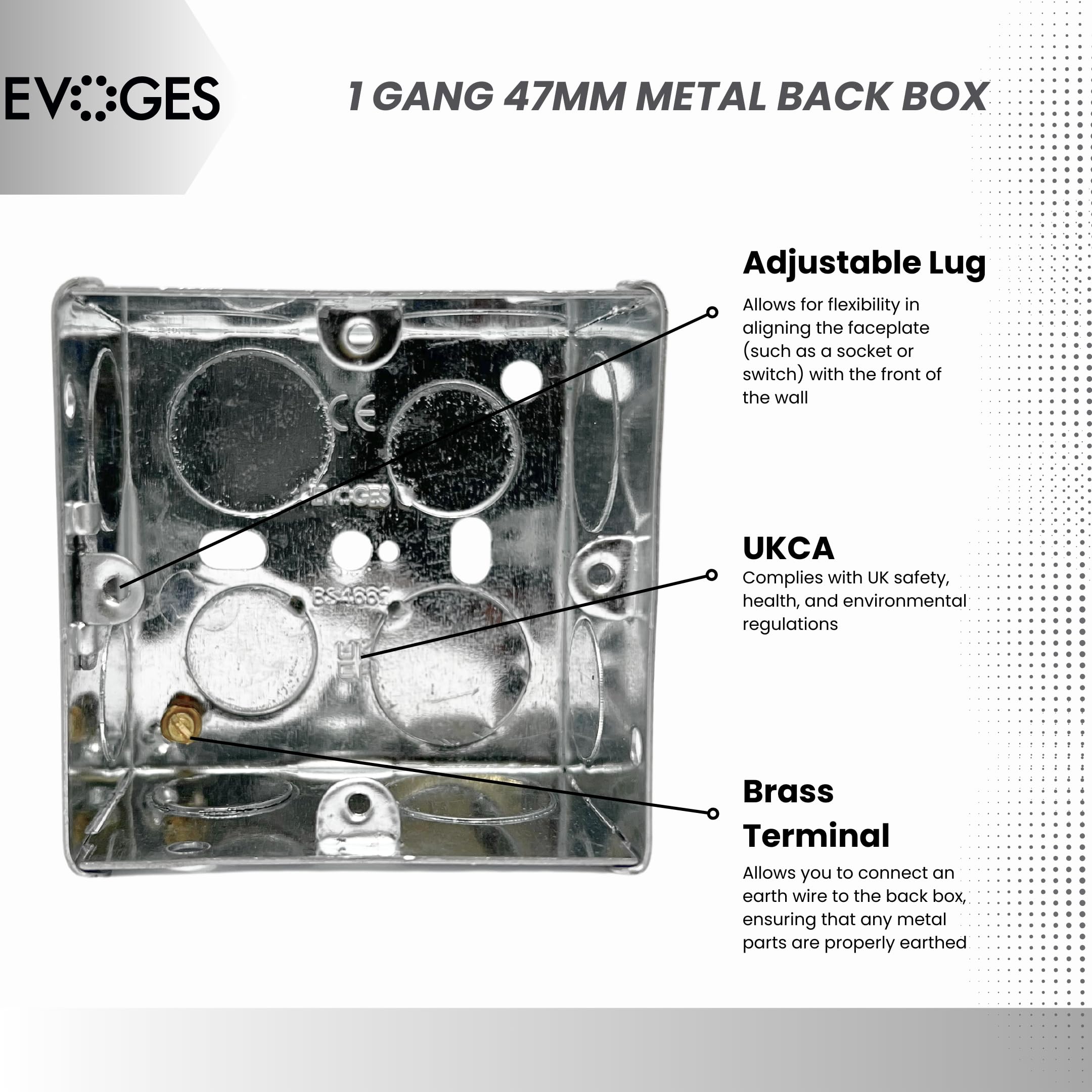 Evoges Single Metal Back Box, 47mm, 1 Gang, 1.0mm Thickness for Electrical Sockets Switches BS4662 Standard - Image 4