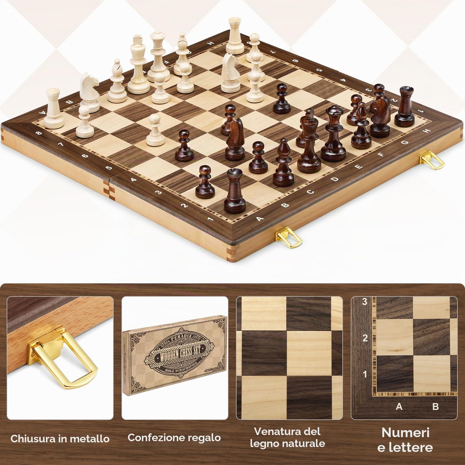 Peradix Set di scacchi in legno da 48,3 cm, scacchiera pieghevole da torneo con re da 9,5 cm, 2 regine extra, gioco di scacchi classico professionale per adulti e bambini