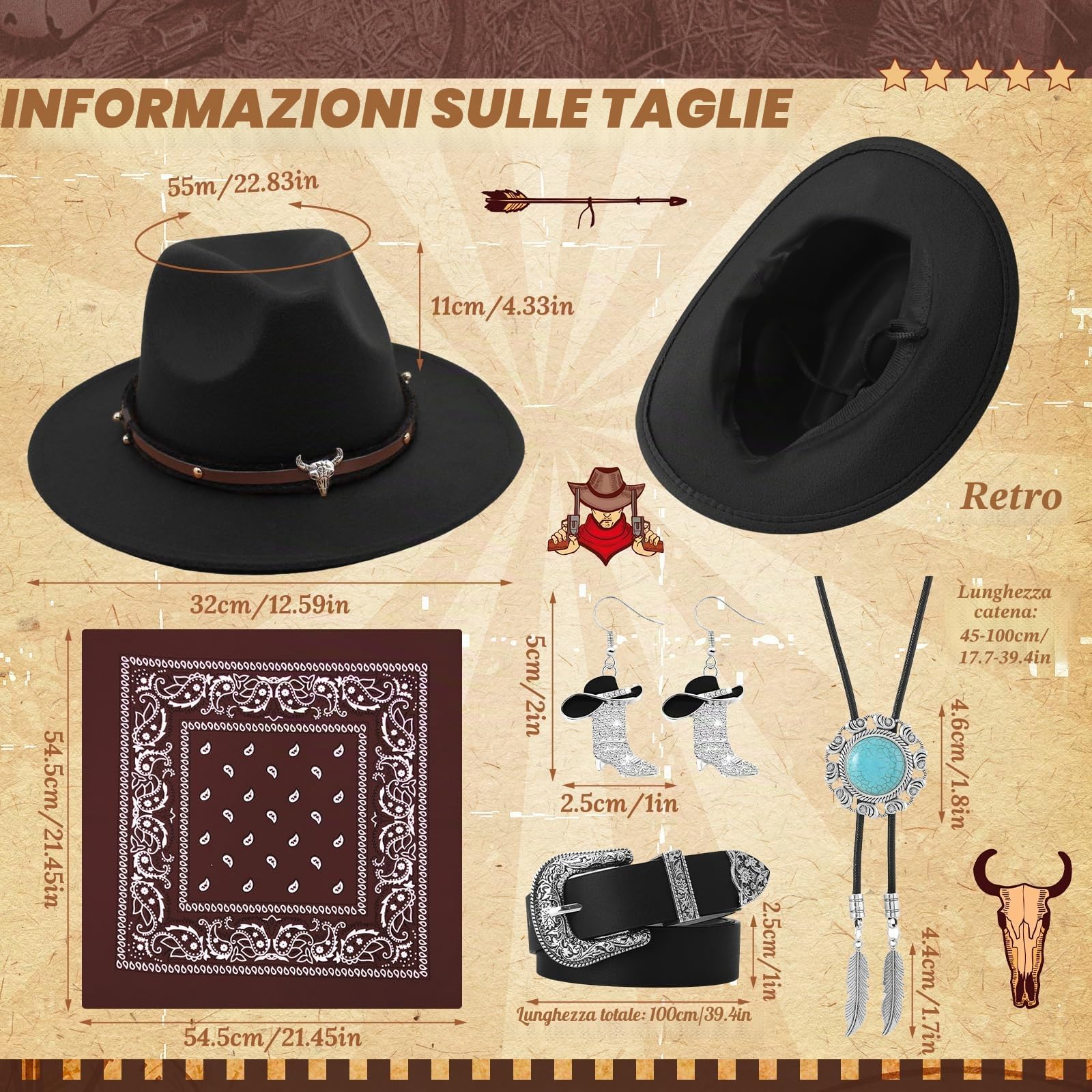 Set di 5 cappelli da cowgirl da donna, costume da cowgirl, set di accessori con cappello, collana, orecchini, cintura, bandana per Halloween, balli in maschera, cosplay, feste