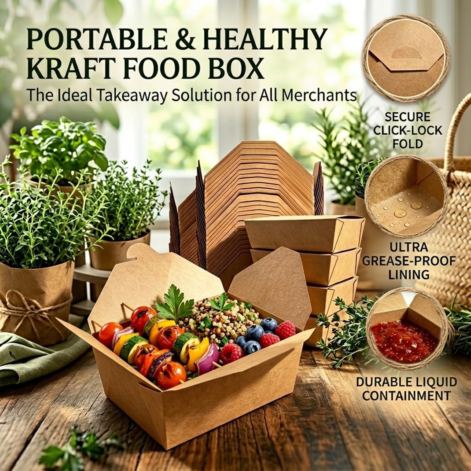 Kaderron 80 contenitori usa e getta per alimenti da asporto, in carta kraft, da asporto, per microonde, confezione da 80 pezzi
