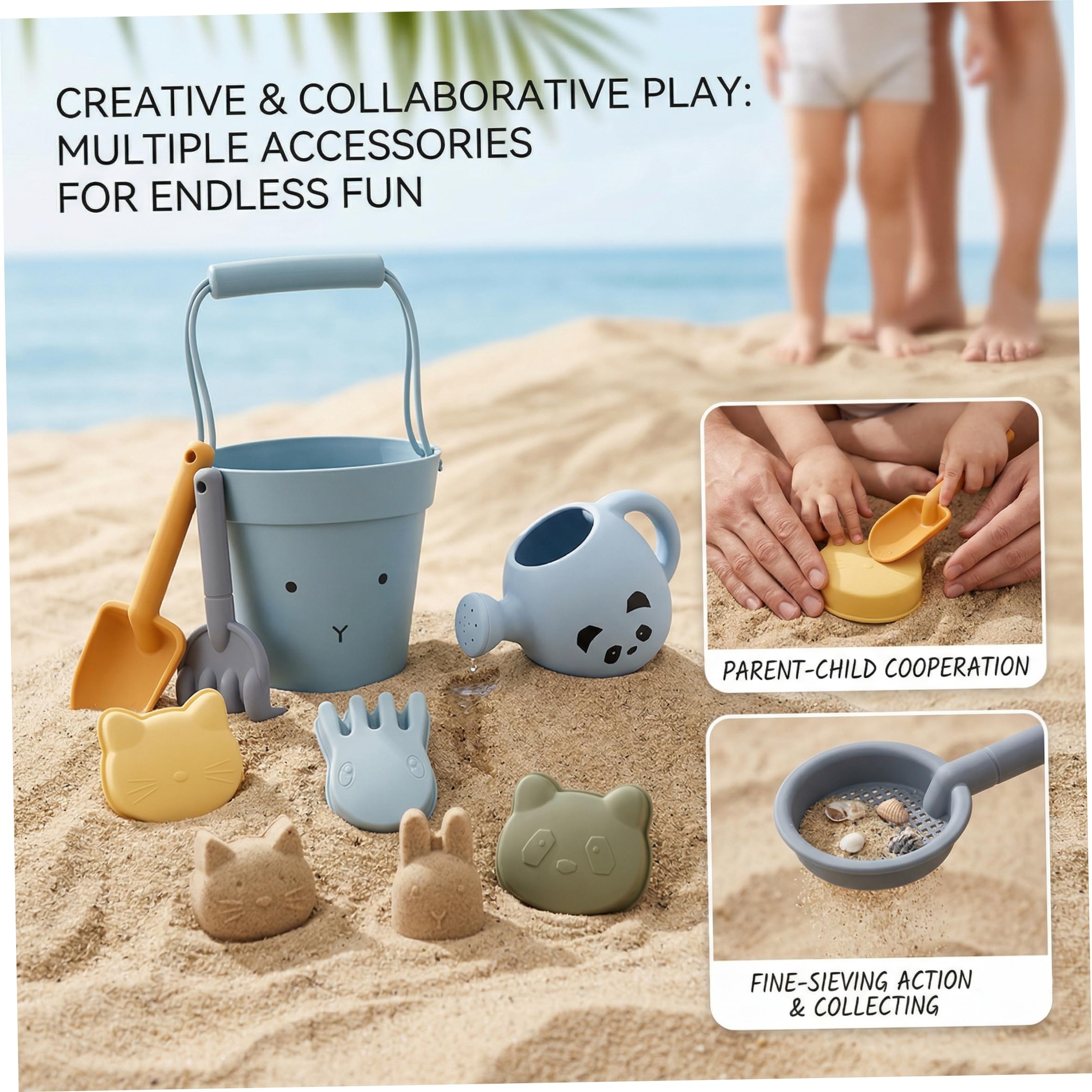 Set di giocattoli di sabbia in silicone Set di 9 pezzi di giocattoli da spiaggia di design di coniglio per bambini Kit di giochi d'acqua con sabbia interattivi per i genitori Divertimento all'apert