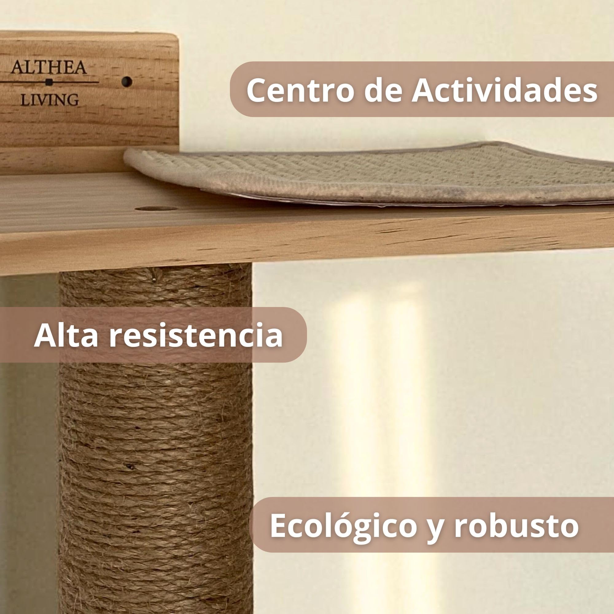 Árbol Rascador para Gatos Interior Salina 127 cm con Sistema Anticaída | Suelo o Pared, Madera de Pino Natural con Sisal y Cuerda de Yute | ALTHEA LIVING