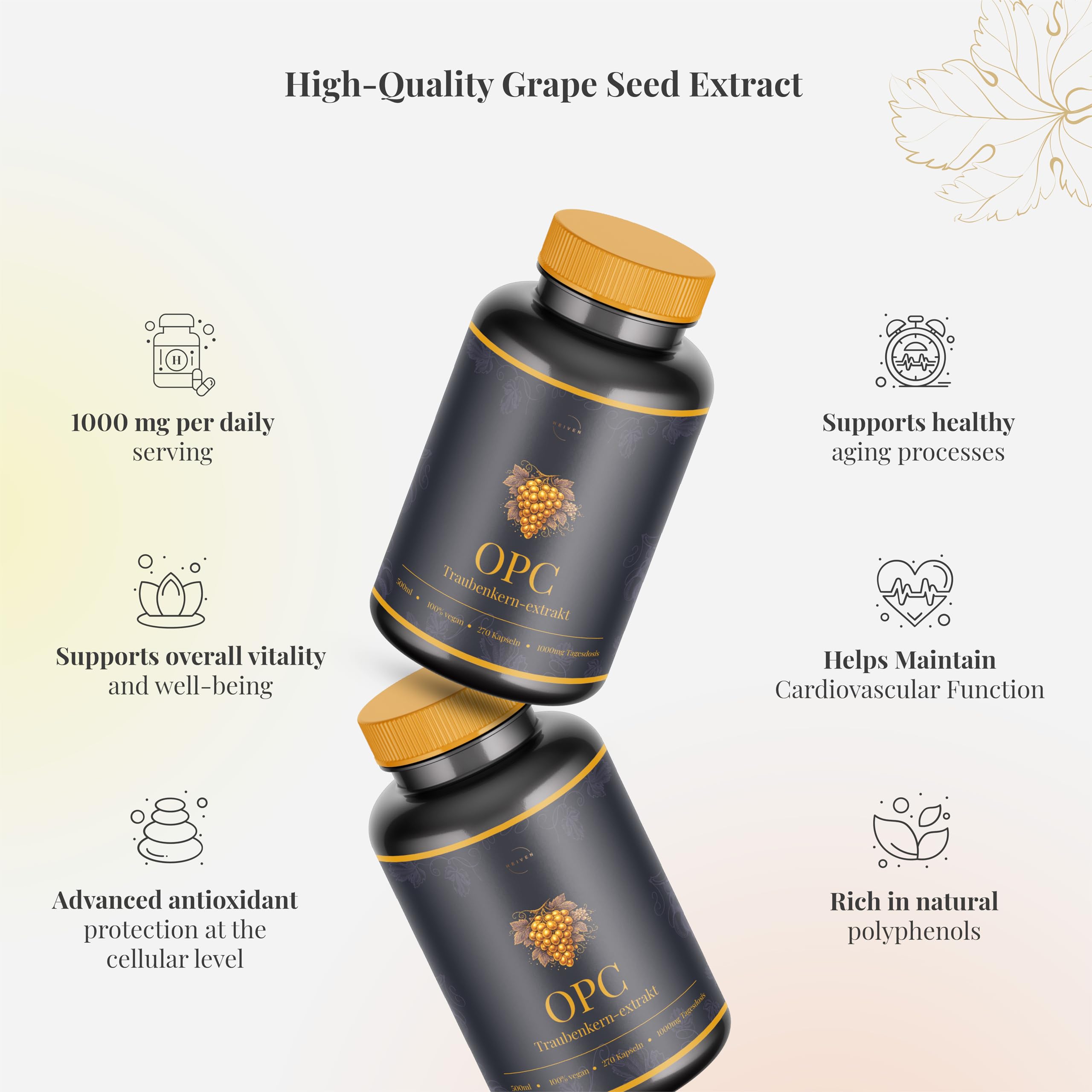 Extrait de Pépins de Raisin OPC – 270 Gélules – Dose Journalière Hautement Concentrée 1000 mg avec 700 mg OPC – Extrait Premium – Vegan – Testé en Laboratoire – Longue Durée