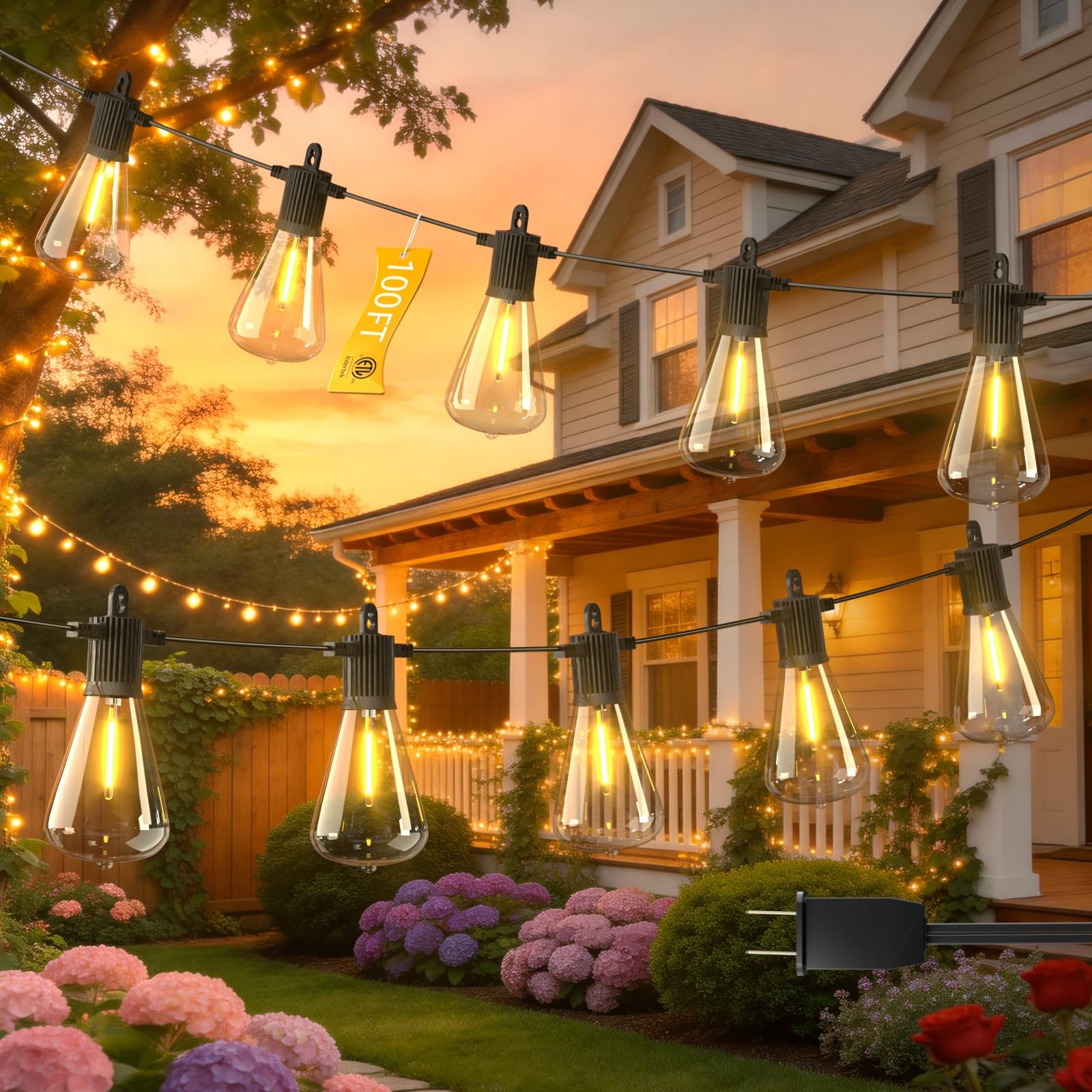 LED-Lichterkette für den Außenbereich, 30 m, Terrassenlicht mit 52 bruchsicheren ST38-Edison-Glühbirnen, wasserdichte Außenleuchte für Urlaub, Veranda, Deck, Garten, Hinterhof, Balkon, 2700
