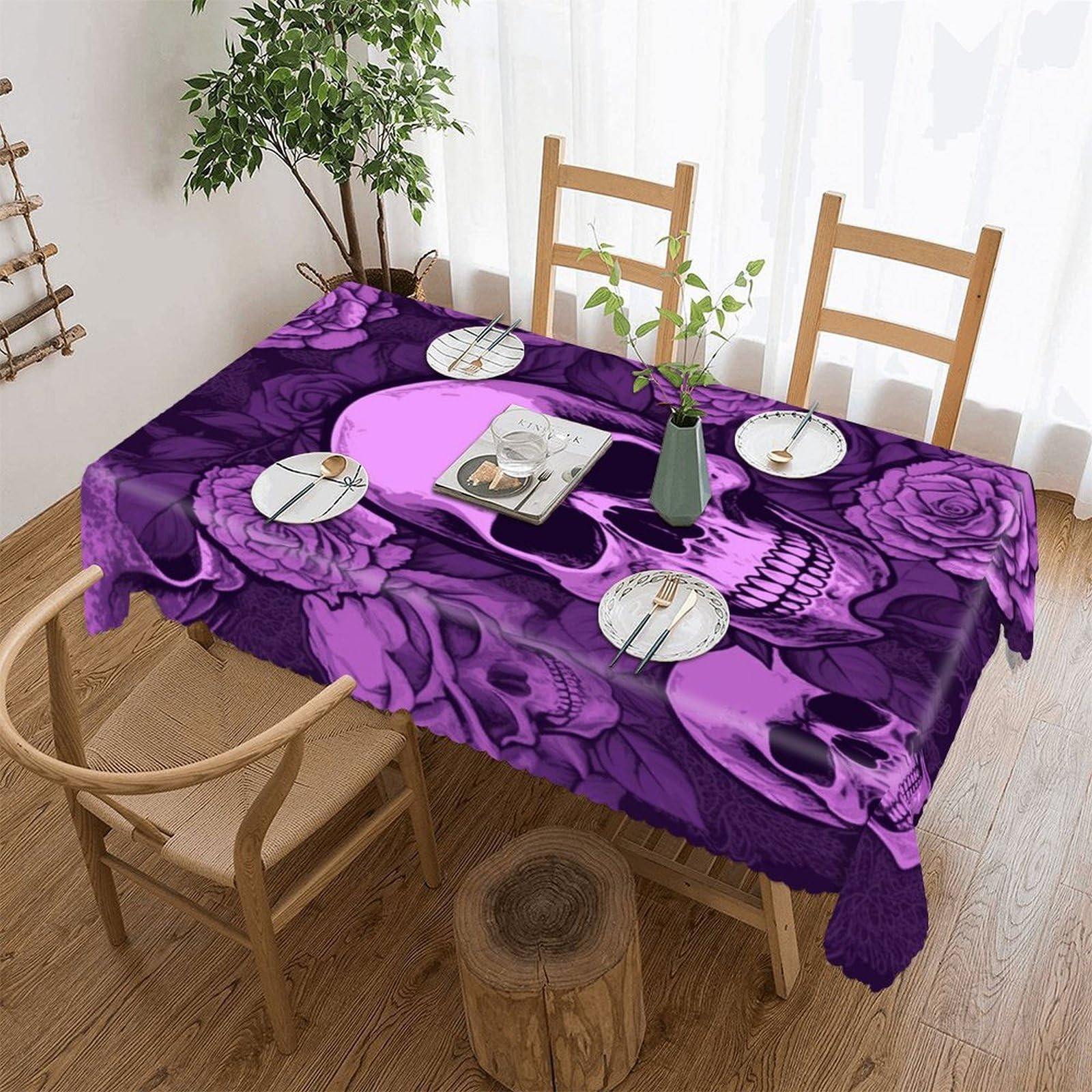 FekiLoot Purple Skulls and Roses Tablecloths for Rectangle Tables Wipeable Spillproof Polyester Table Cloth Wrinkle Free Farmhouse Dining Tables Cover Elegant Vintage Decor Tablecover
