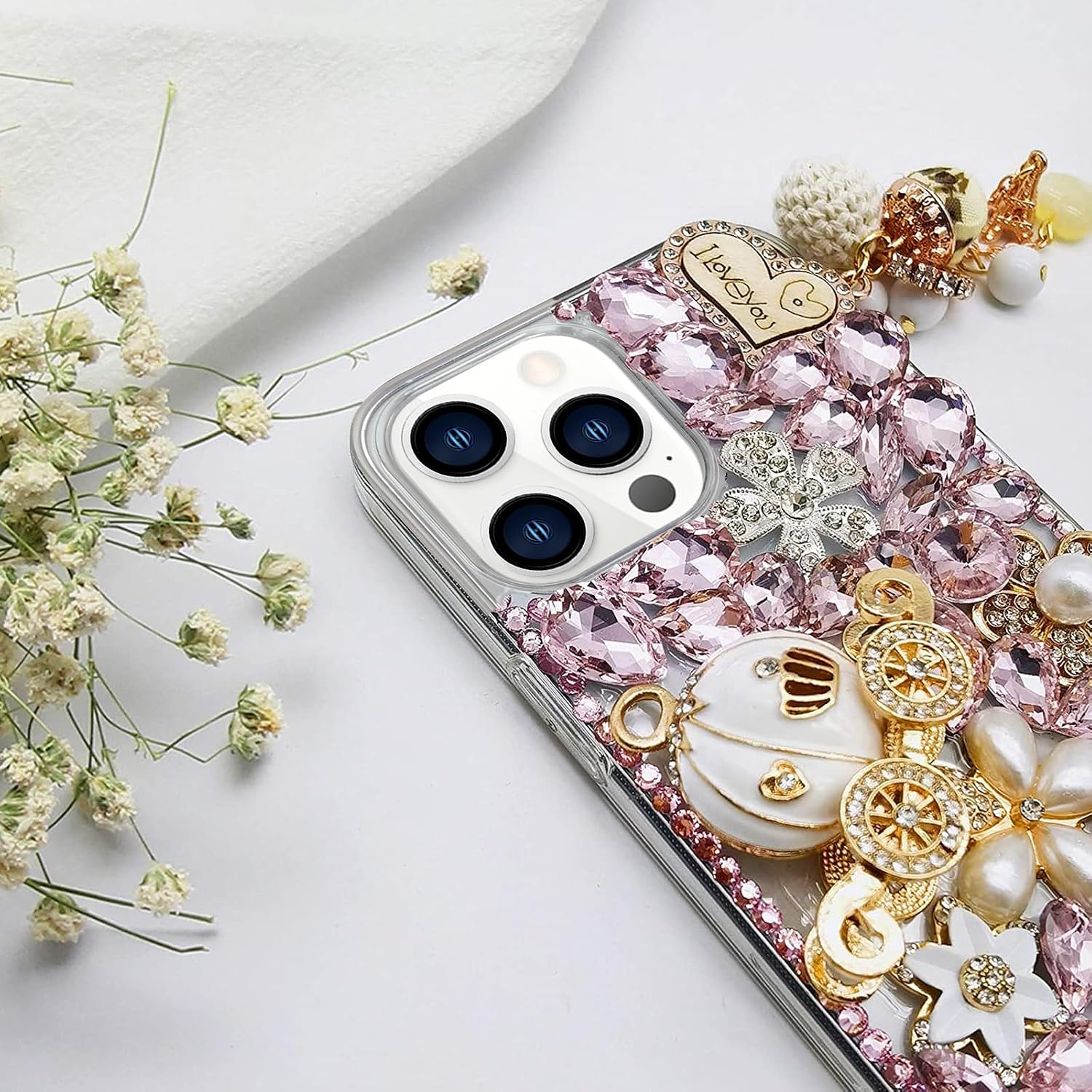 Guppy for iPhone 15 Pro Max Bling Glitter Case,Luxury Diamond Rhinestone Gemstone 3D and Flower Gemstone Pumpkin Car Tower Pendant Pearl Soft TPU Back Cover Case Compatible with Women Pink image 3