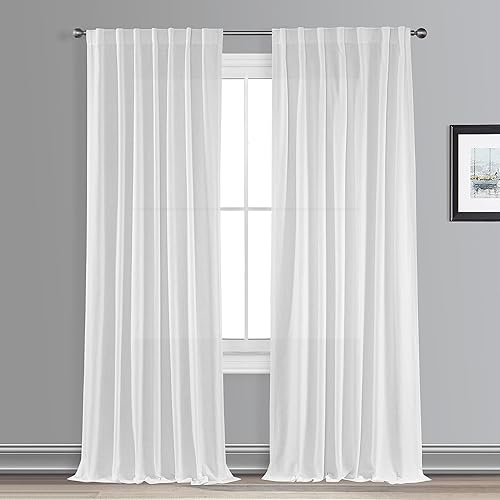 Cortinas traslúcidas blancas más gruesas de 96 pulgadas de largo, bolsillo sólido para barra, pestañas traseras, cortinas para sala de