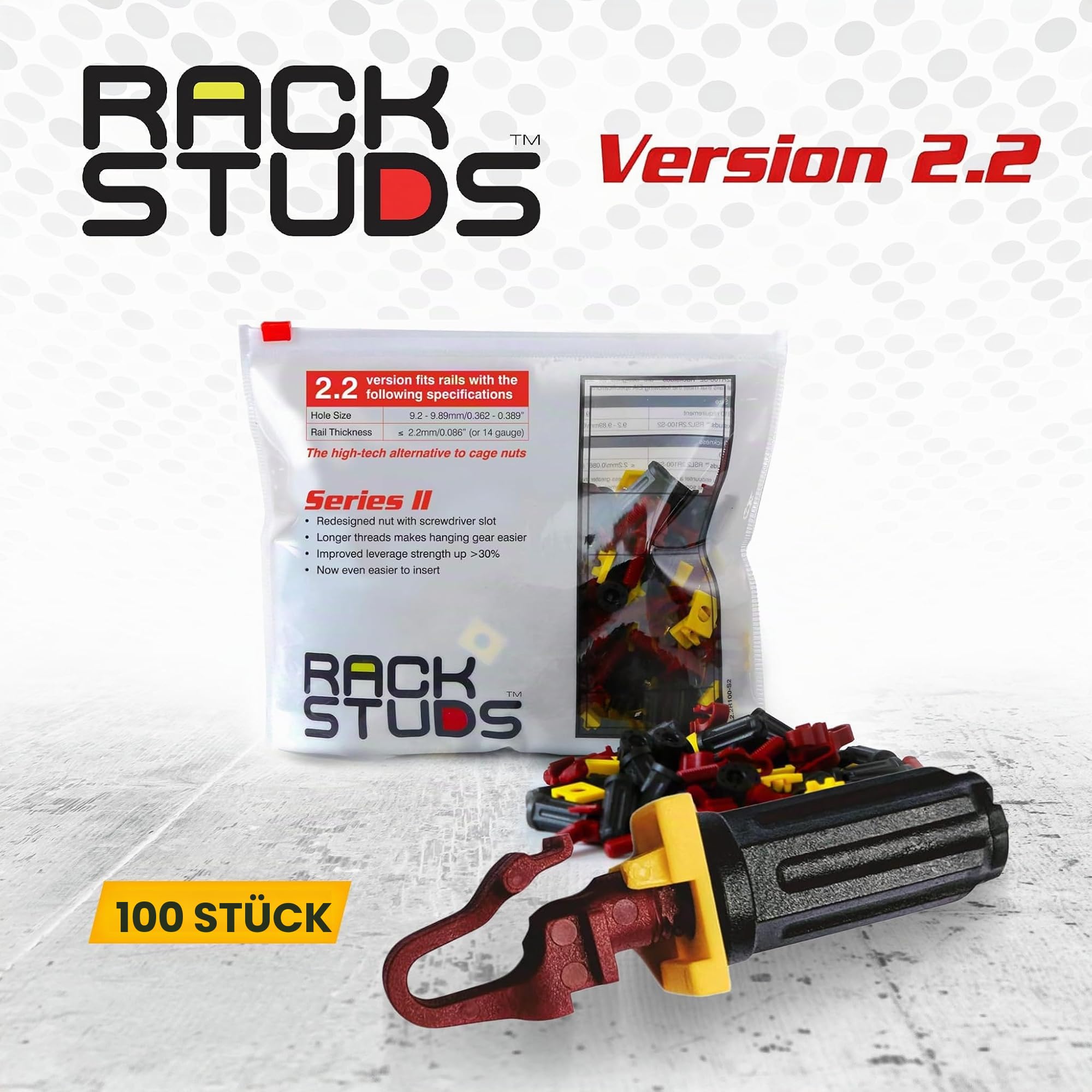 Rackstuds R100 Serie II Rackmontageschrauben – Server-Rack-Schrauben und Käfigmuttern-Ersatz für 19" Server-Rackschienen mit quadratischen Löchern – ohne-Werkzeug – Rot 2,22 mm / 0,086 – 100 Stück