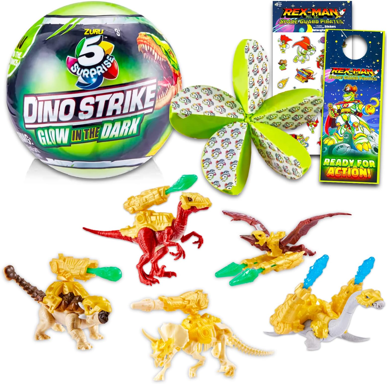 Zuru 5 Surprise Dino Strike Glow in The Dark Mystery Set - Surprise Mini Dinosaur Mystery Bundle with Rex-Man Stickers and More (Dinosaur Toys for Kids)