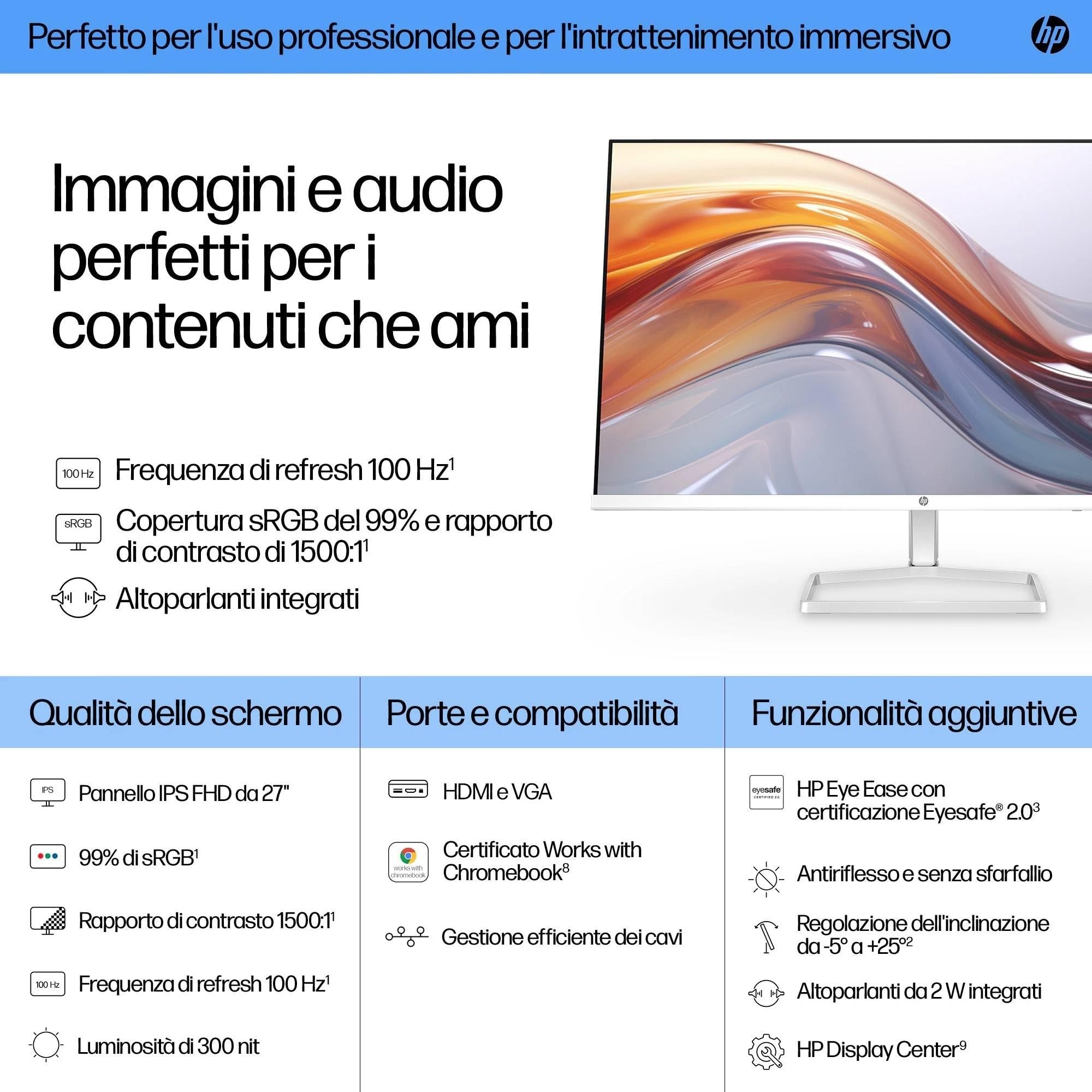 HP 527sw Monitor, Schermo da 27" FHD IPS Antiriflesso, Tecnologia Eye Ease, Tempo Risposta 5 ms GtG Overdrive, Risoluzione 1920 x 1080, Software Display Center, HDMI, Bianco