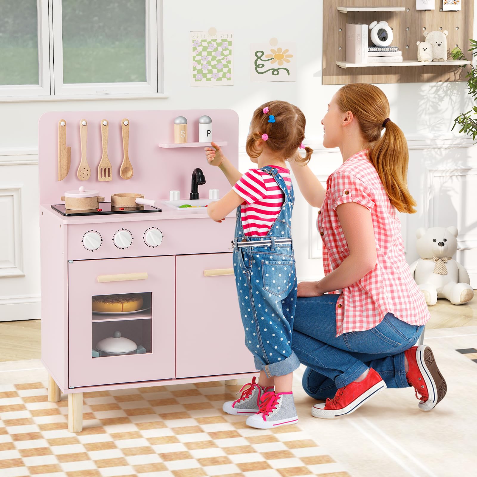 HOMASIS Cuisine pour Enfant en Bois, Ensemble de Cuisine avec Effets de Lumière et de Son Cuisinière, Évier, Étagères de Rangement, Four, Ustensiles pour Enfants de 3 Ans + (Rose)