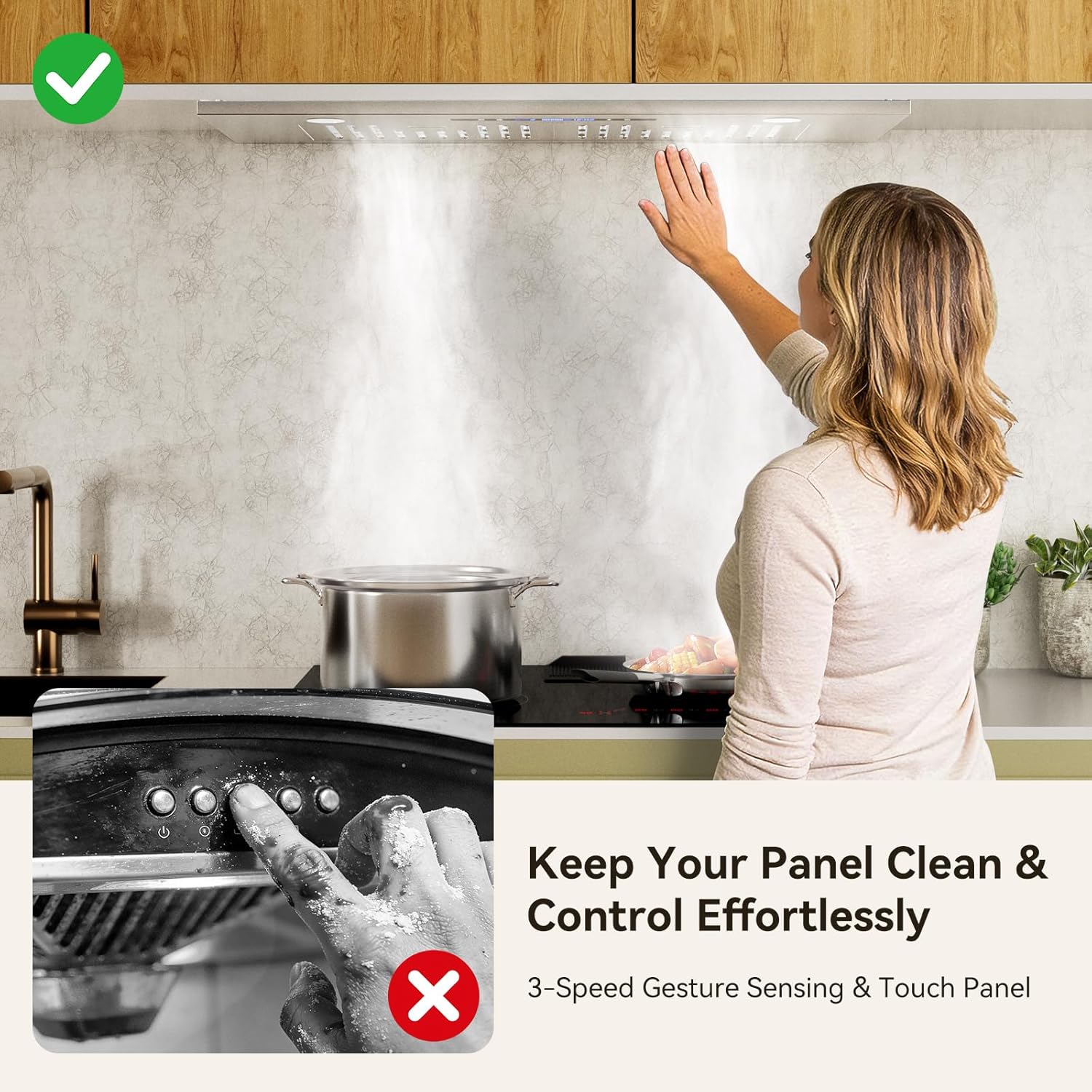hermitlux 30 inch built-in/insert range hood, 600 cfm stainless steel vent hood with 3 speed gesture sensing & touch control panel, ducted/ductless convertible, led light and charcoal filters upgraded style