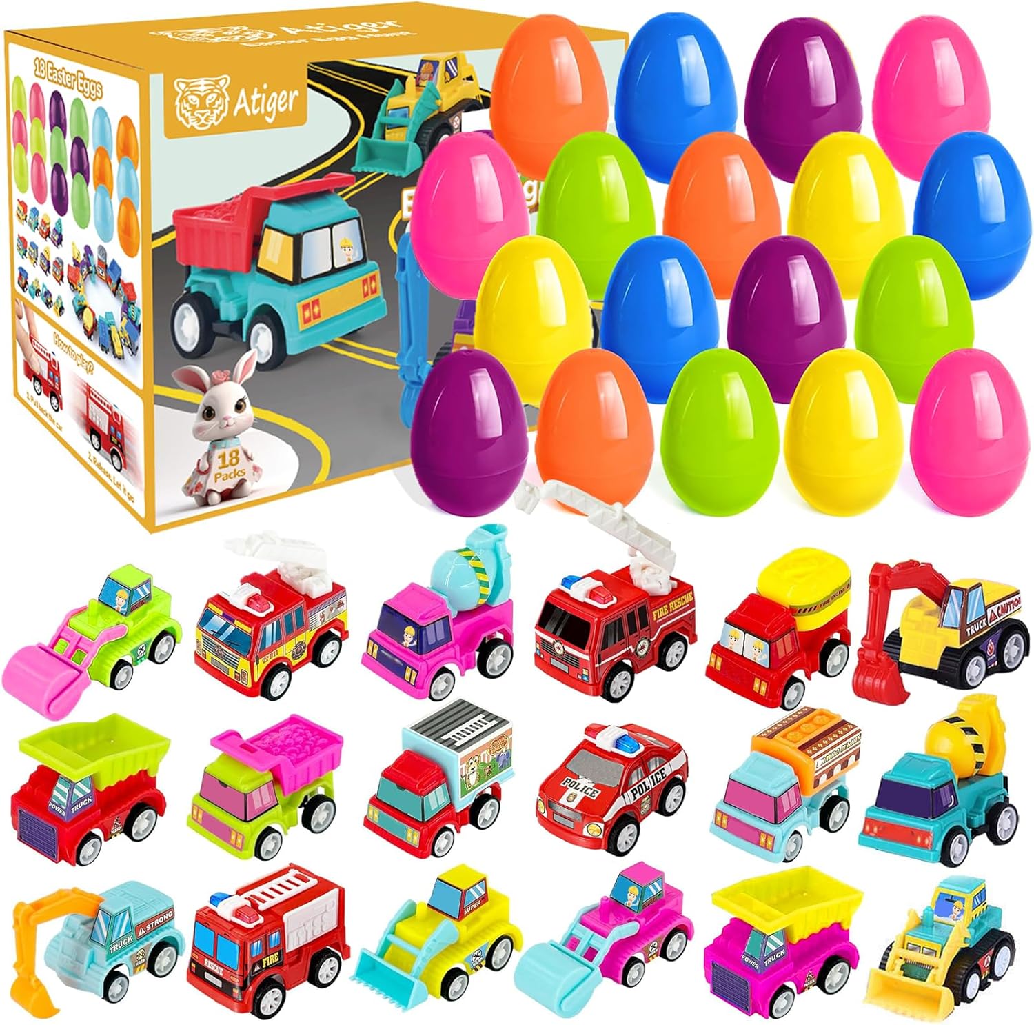 18 PCS Easter Egg Fillers with Toys Inside, Easter Basket Stuffers for Toddlers Filled Pull Back Engineering Vehicles Plastic Eggs Party Favors for Kids Egg Hunt Gift Easter Basket Essentials