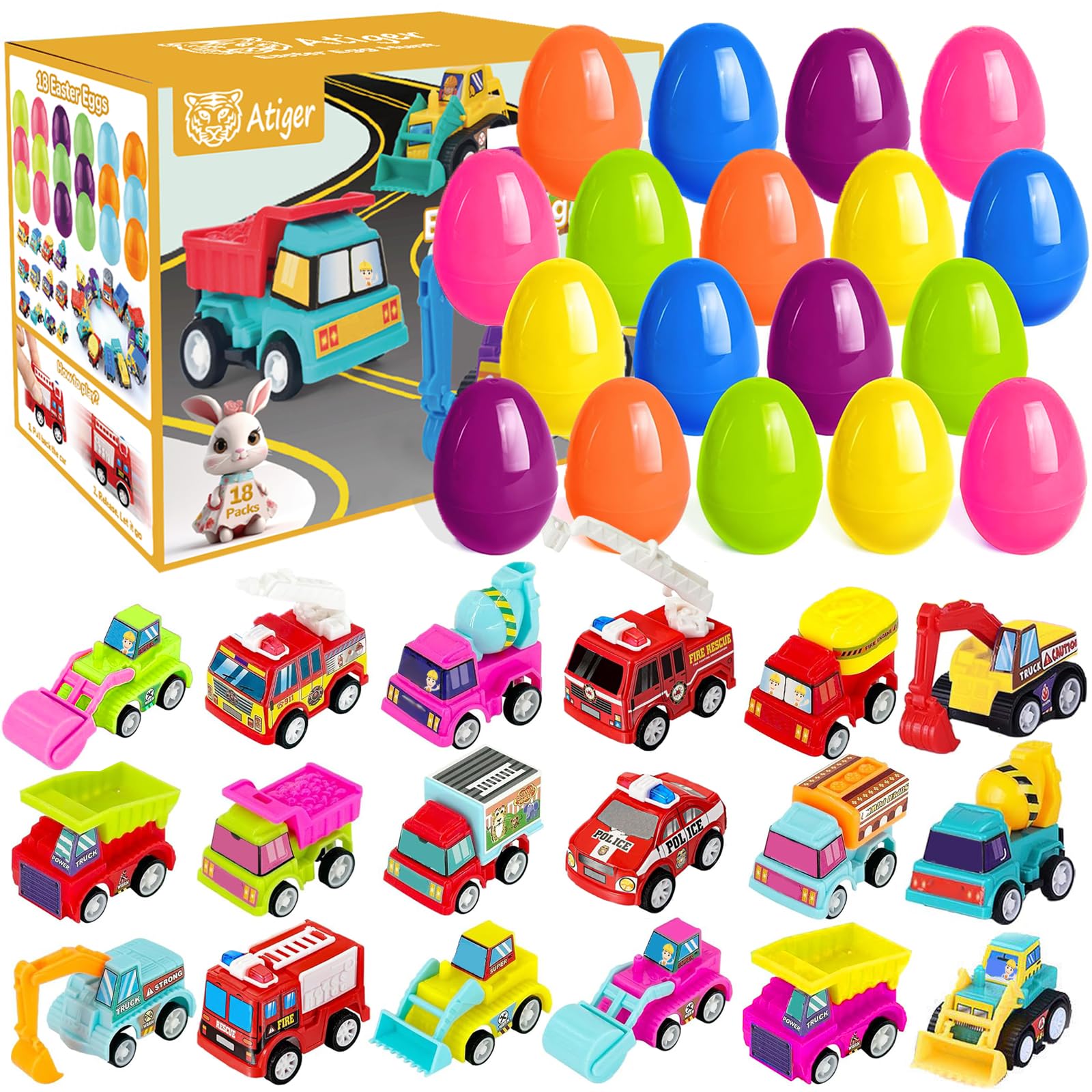 Photo 1 of Atiger 18 PCS Easter Egg Fillers with Toys Inside, Easter Basket Stuffers for Toddlers Filled Pull Back Engineering Vehicles Plastic Eggs Party Favors for Kids Egg Hunt Gift Easter Basket Essentials