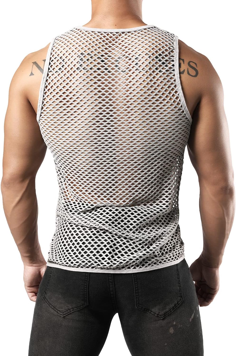 JOGAL Men's Mesh Fishnet Fitted Sleeveless Muscle Top - Image 3