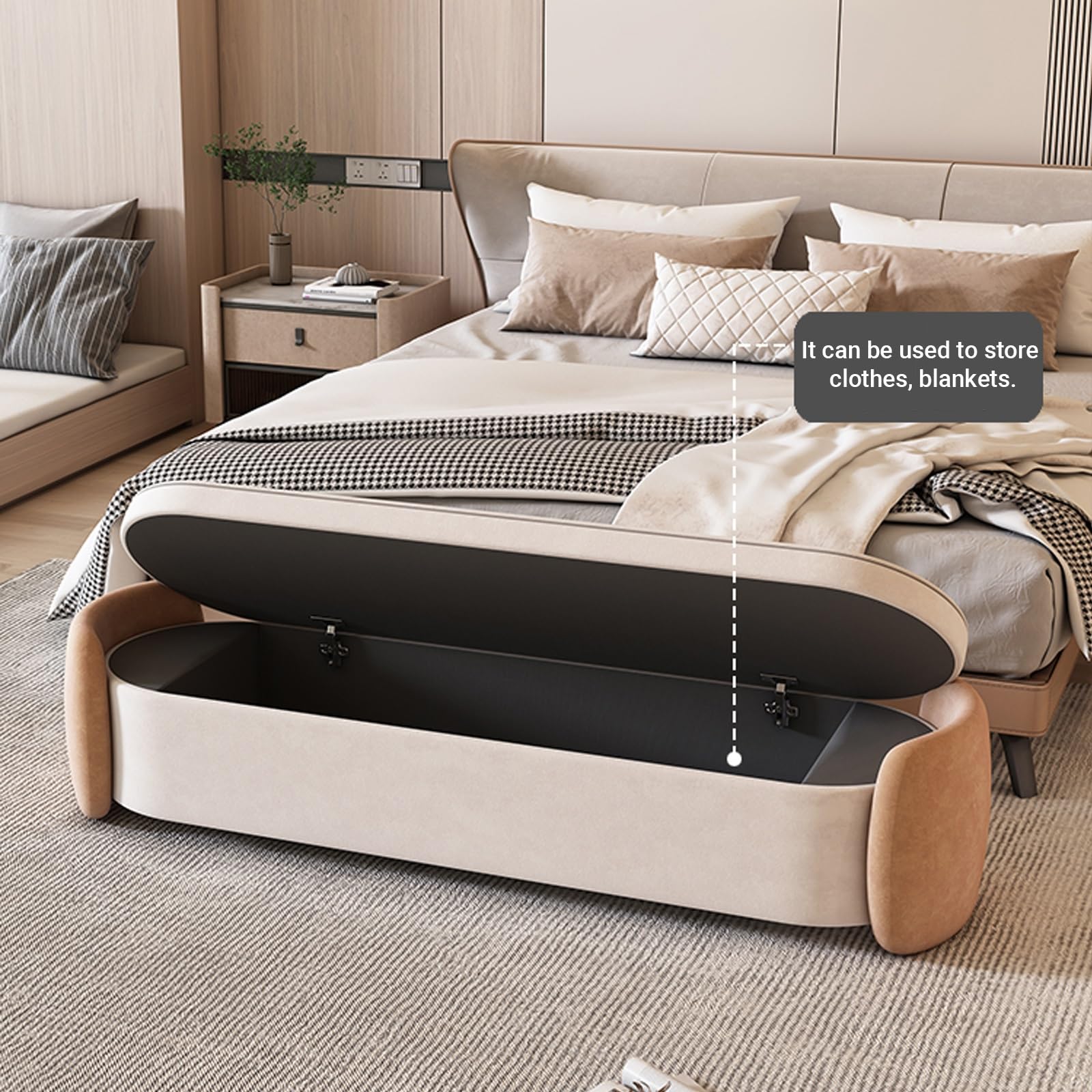 Banco redondo para entrada o dormitorio, baúl de juguete de 47 pulgadas y otomana, diseño marrón Slish y Bei, perfecto para el final de la cama o para nized Sto