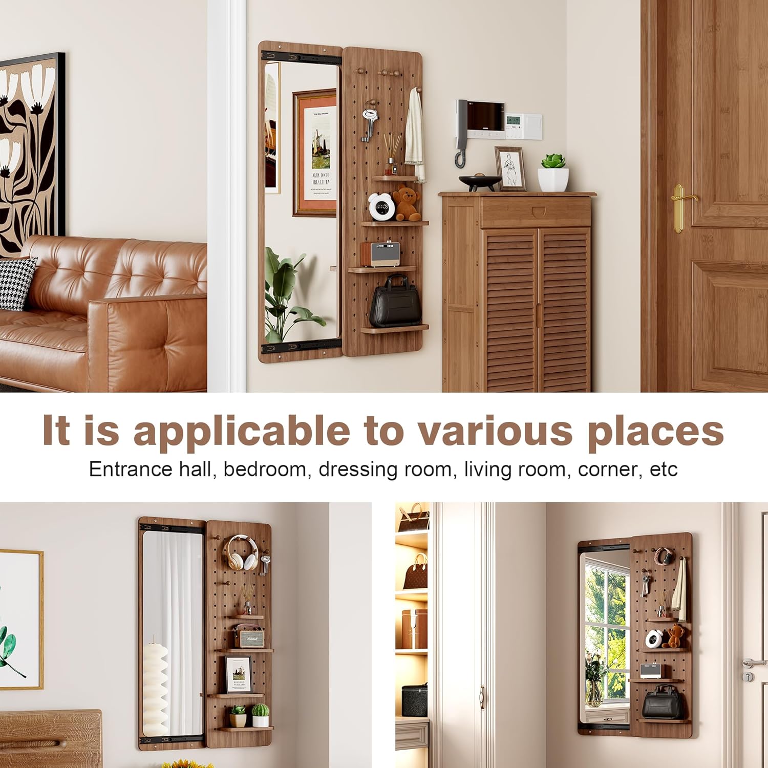 KEIKI Full Length Mirror - Wall Mounted 48"x16" Rubber Wood Full Body Mirror with Pegboard Shelf & Hooks, Multifunctional Storage - Bedroom, Living Room, Dressing Room Decor (Walnut)