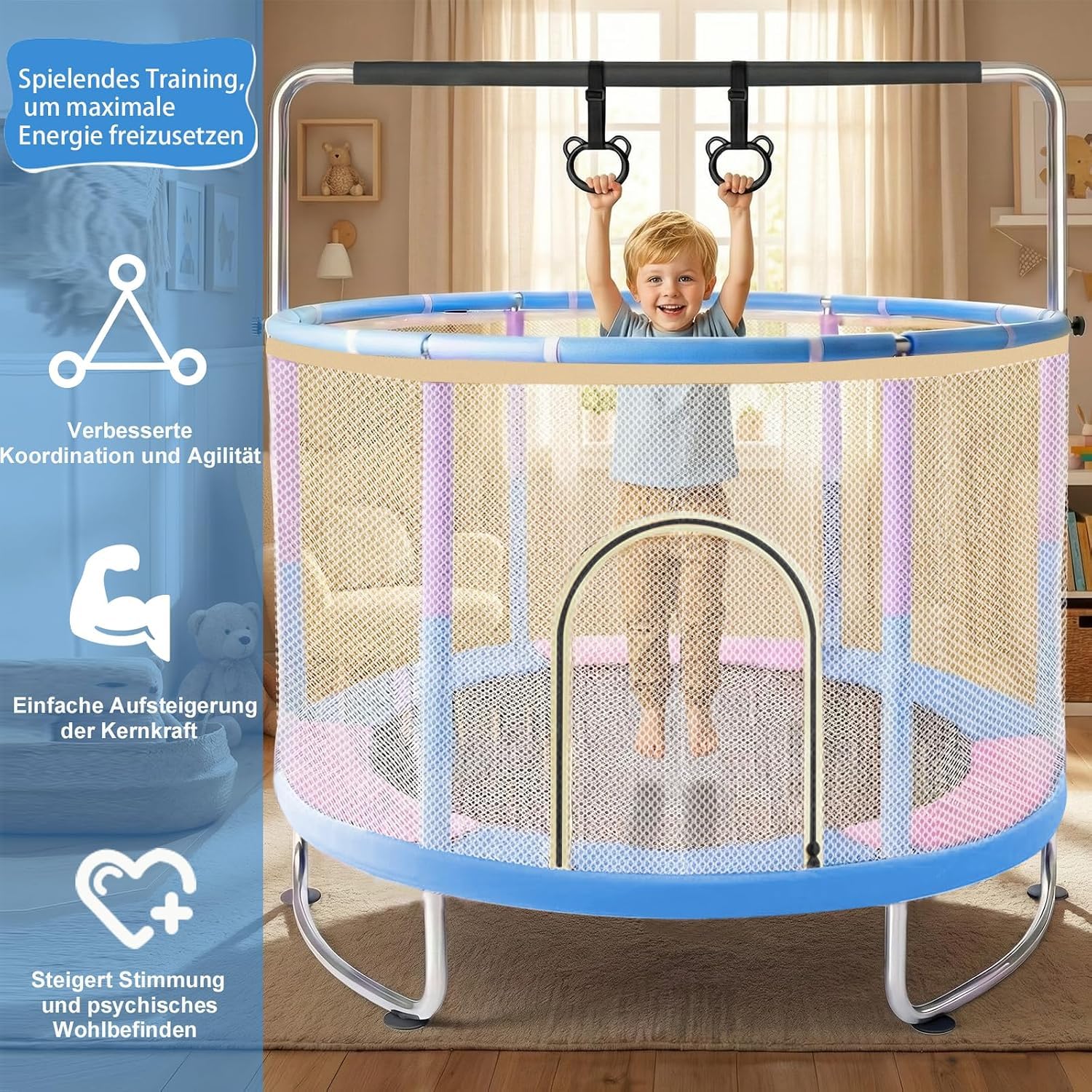 1.5m Kindertrampolin, Multifunktionales und Verstellbares mit Basketballkorb, Schaukel und Klimmzugringen, Geeignet für Innen- und Außenbereich zum Geburtstag