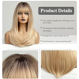 HAIRCUBE Ombre Blonde Long Straight Wig with Bangs Dark Root Long Hair With Bangs Natural Appearance Heat-resistant Synthetic Wig Daily Play Party Suitable For Fashionable Women 20Inches
