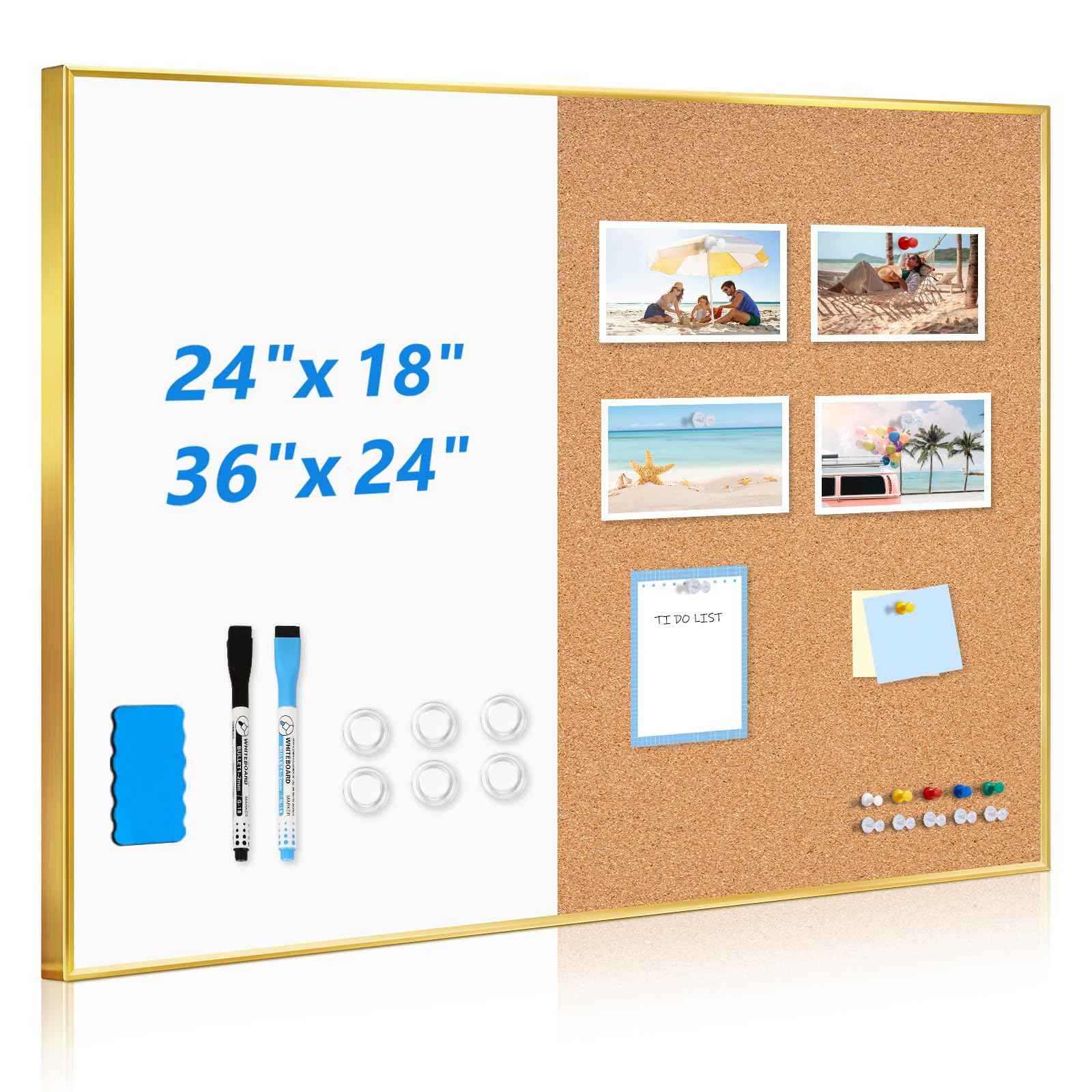 Pizarra blanca de corcho combinada, 91,4 x 61 cm, pizarra magnética de borrado en seco, color dorado | Marco de aluminio, montaje en pared, tablón de anuncios, tablero de visión, para el hogar, oficina, escuela, cocina