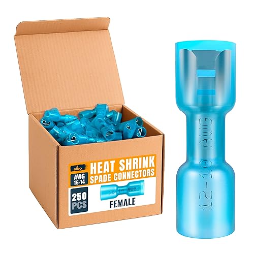 Kit de conectores de pala hembra termorretráctiles de 250 piezas, terminales eléctricos impermeables azules AWG 16-14, conectores de pala de alambre