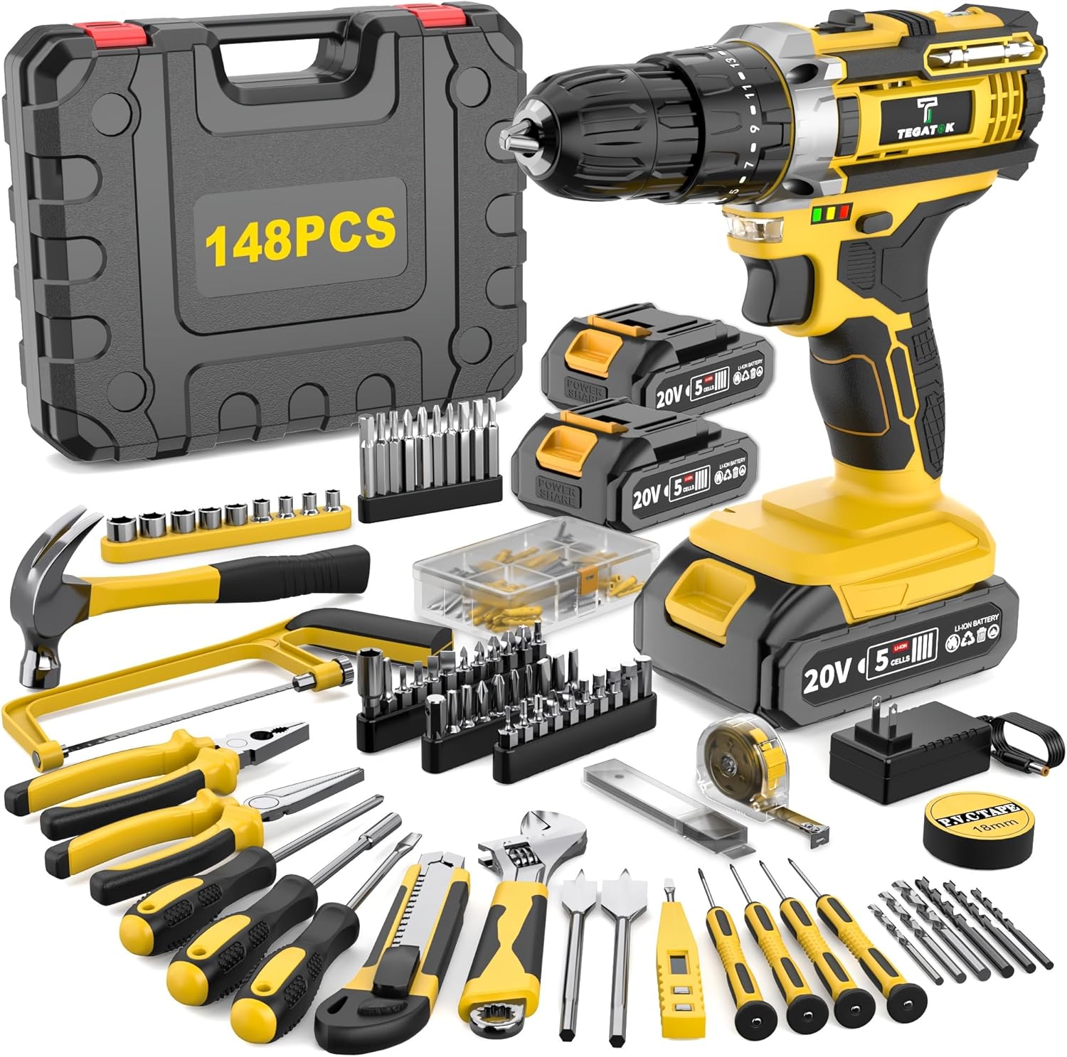 20V Cordless Drill Set, Impact Power with 3/8 Inch Keyless Chuck, 18+3 Clutch Electric Drill with Work Light, Max Torque 45Nm, 2-Variable Speed & 2.0AH Batteries and Fast Charger