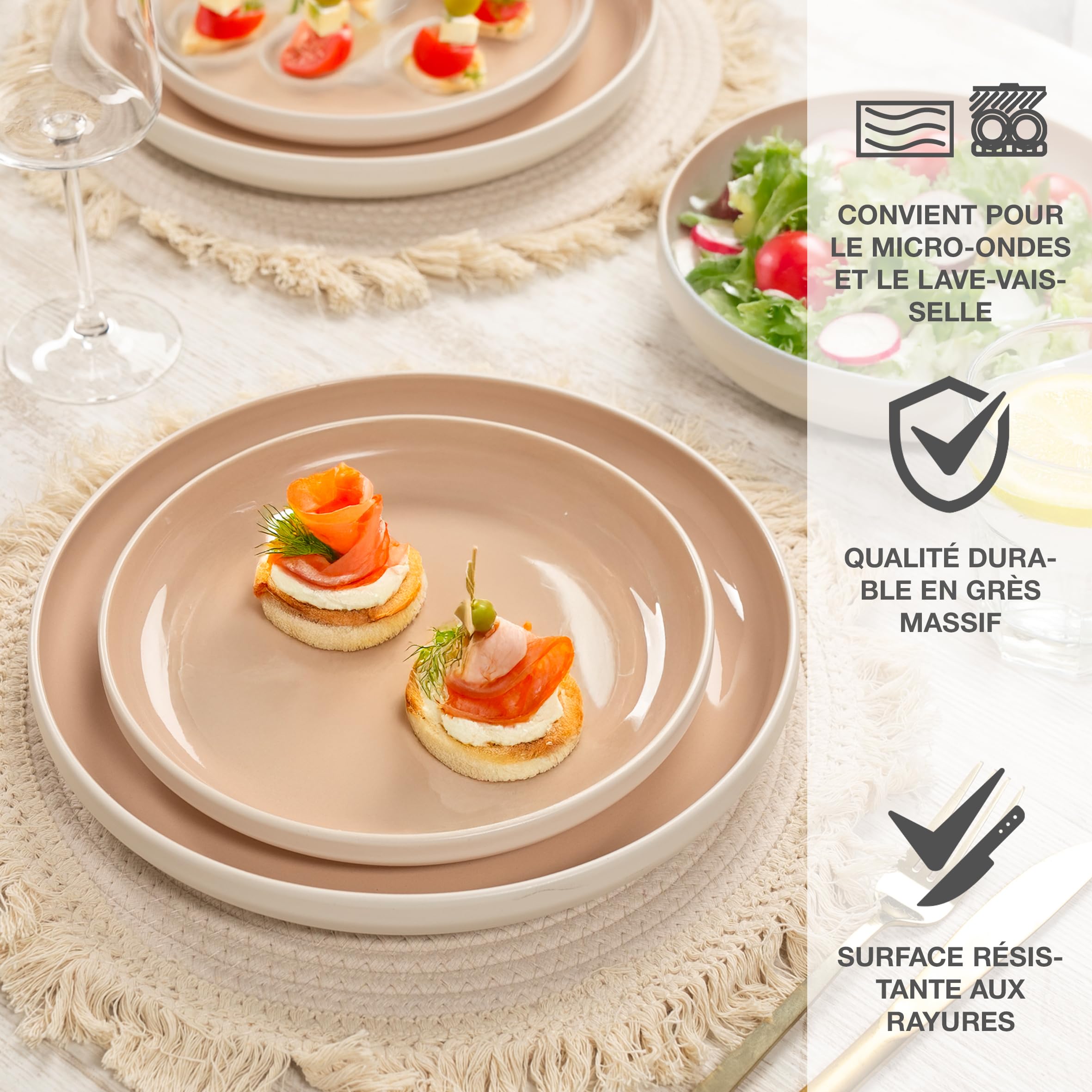 Moritz & Moritz CAVO Service de table 18 pièces pour 6 personnes Almond – Assiettes en grès – Service de table moderne avec assiettes plates, assiettes à dessert et bols à soupe – Élégant et robuste