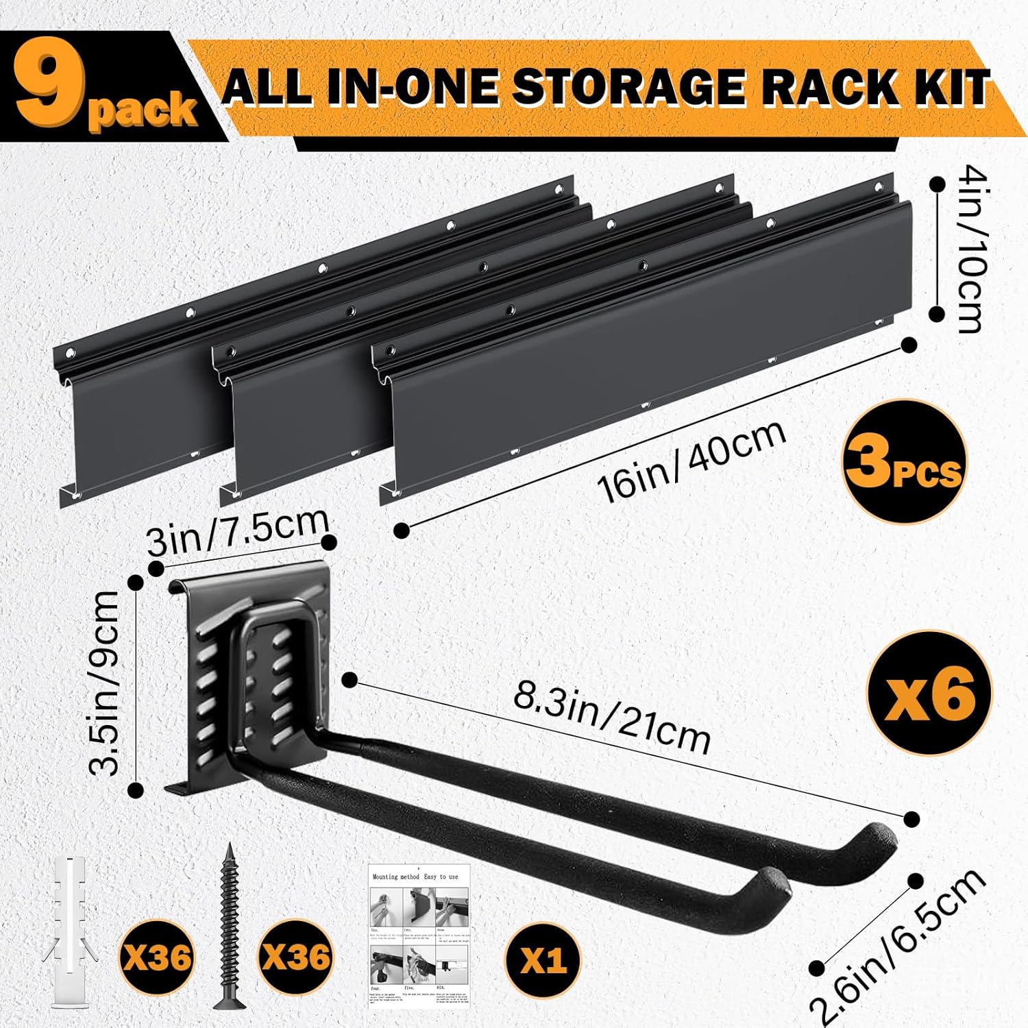9 Pack Wall Mount Tool Storage Rack, Heavy Duty Garage Storage Tool Organizer, Garden Tool Wall Hooks and Hangers, Hold Up to 350lbs Black