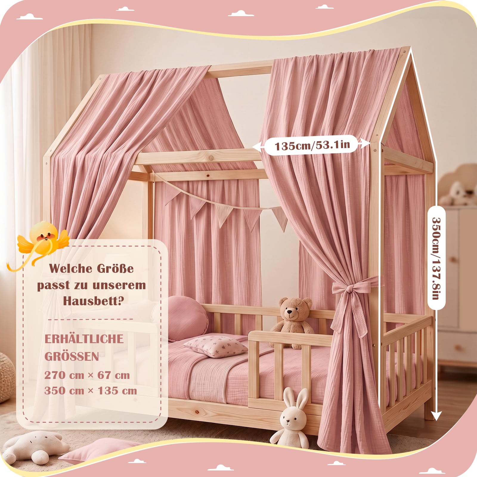 Hausbett Himmel - Betthimmel Hausbett aus 100% Baumwolle Musselin, Hausbett Vorhang für Kinderbett, Hausbett Deko Mädchen, Stoffhimmel für Hausbett & Himmelbett (Rosa, H350 x B135 cm (2 Stück))