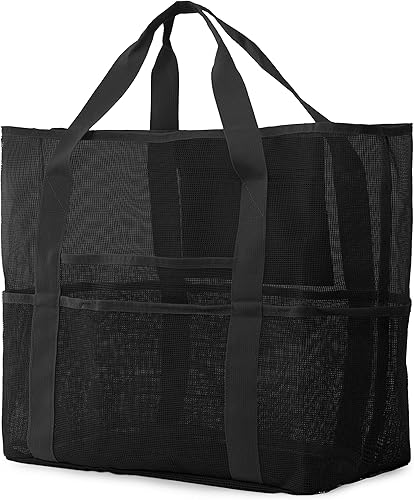 Mesh Beach Bag, Extra Large Beach Bags with 9 Pockets & Zipper Waterproof Lightweight Beach Tote for BeachPool Trip