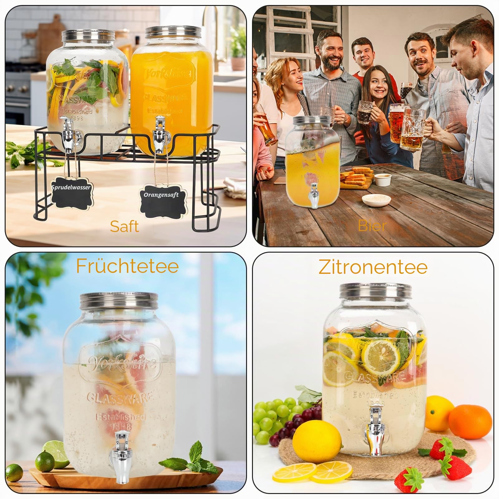 Glas-Getränkespender für Partys, 2er-PACK 1 Liter Getränkespender mit Ständer und Zapfhahn, 100 % auslaufsicher. Limonadenspender mit Eiszylinder und Kreidetafel