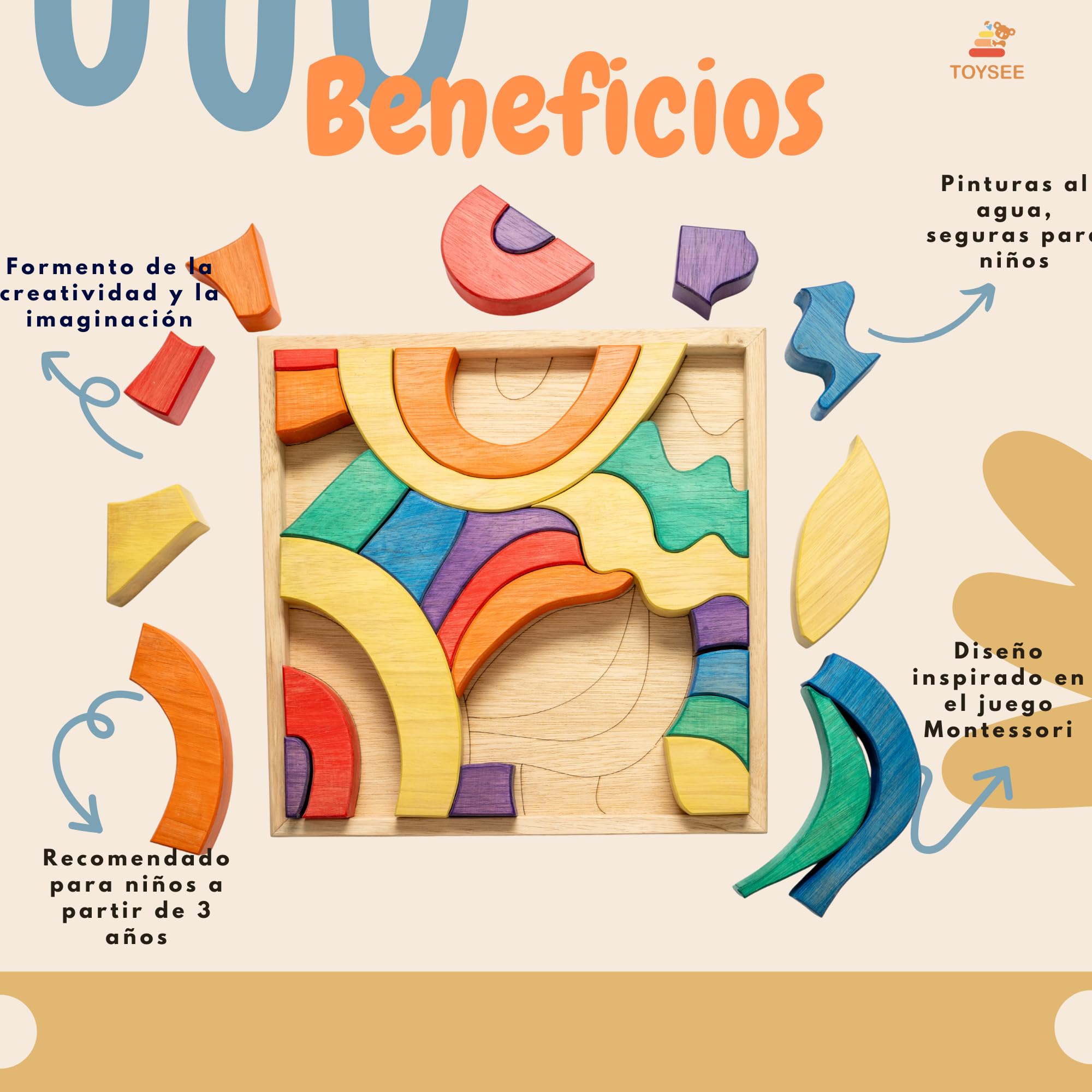 Puzzle Asimmetrico in Legno Colorato - Giocattolo Montessori Educativo, Blocchi Creativi per Costruzione, Sviluppo Sensoriale e Motorie Fini, Bambini 3+ Anni