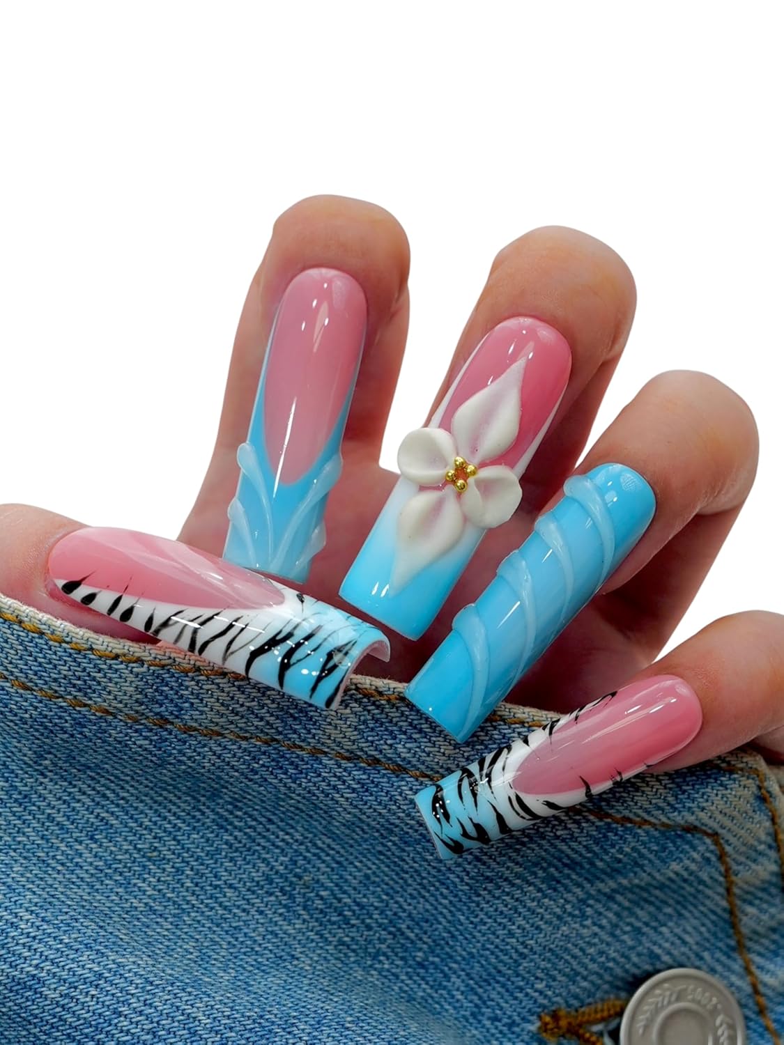 Euphrosyne Pink Jelly Press On Nails – Y2K Red French Tips with Punk Leopard Charms | 10pcs Cute Handmade Fake Nails for Daily & Party Use